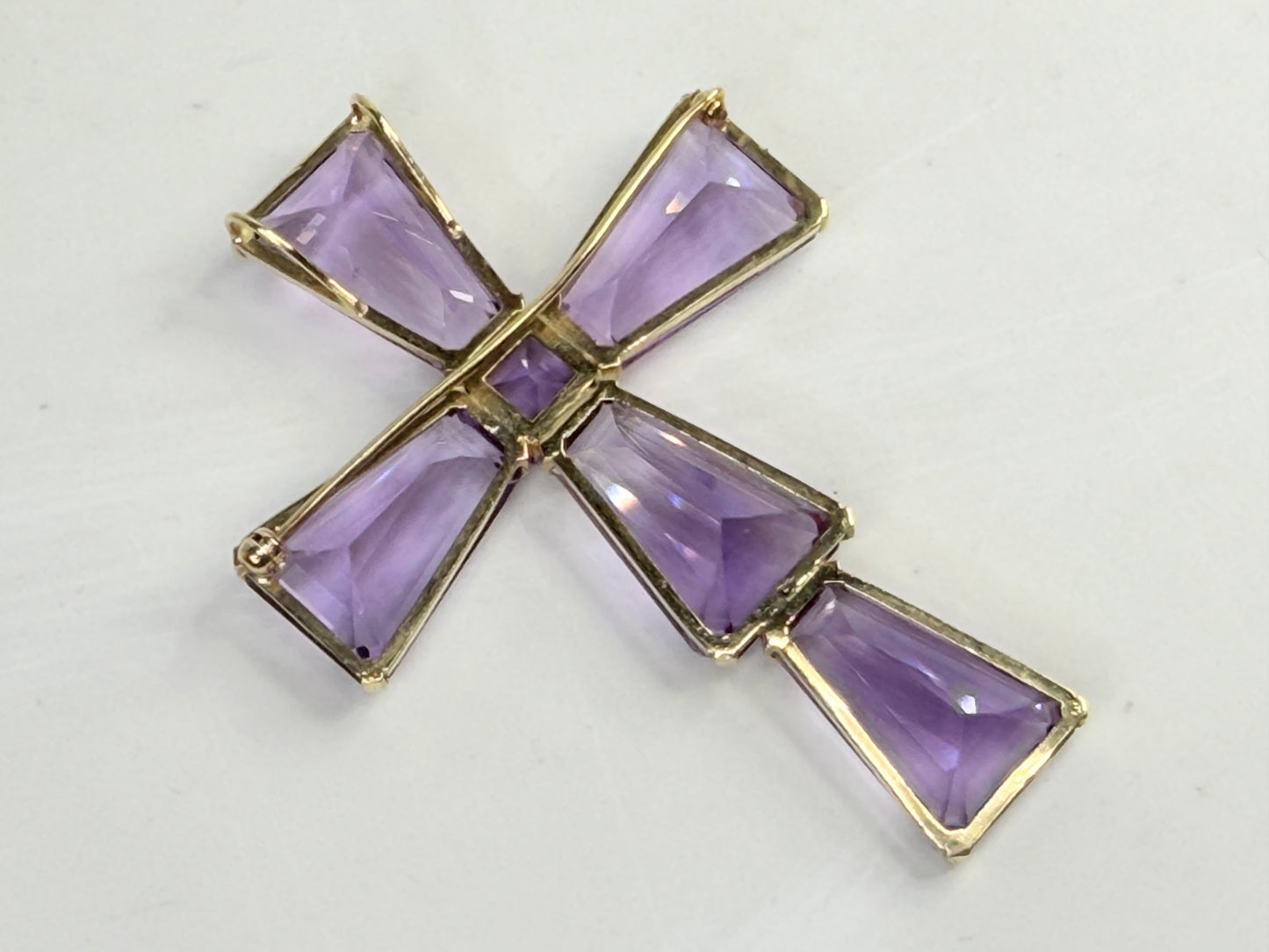 Mid Century 14K Gold Amethyst Cross Pendant Brooch 2.75" JR1381