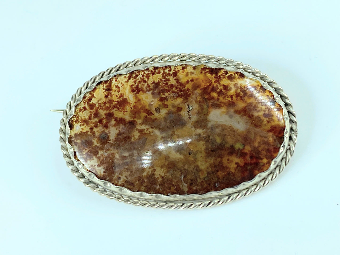 Handmade sterling silver Moss Agate twisted rope oval brooch 2" 12.8g JR9747