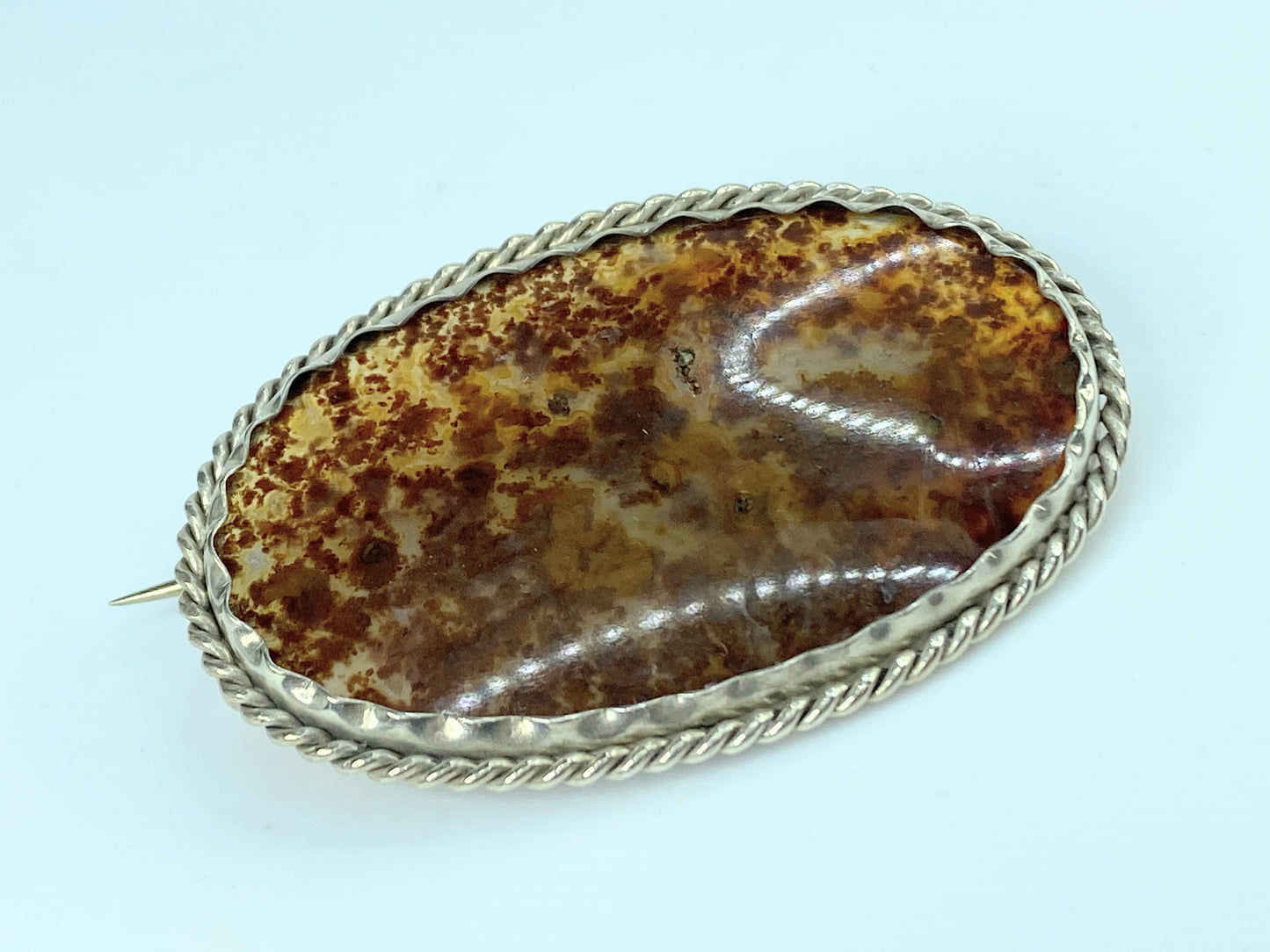 Handmade sterling silver Moss Agate twisted rope oval brooch 2" 12.8g JR9747