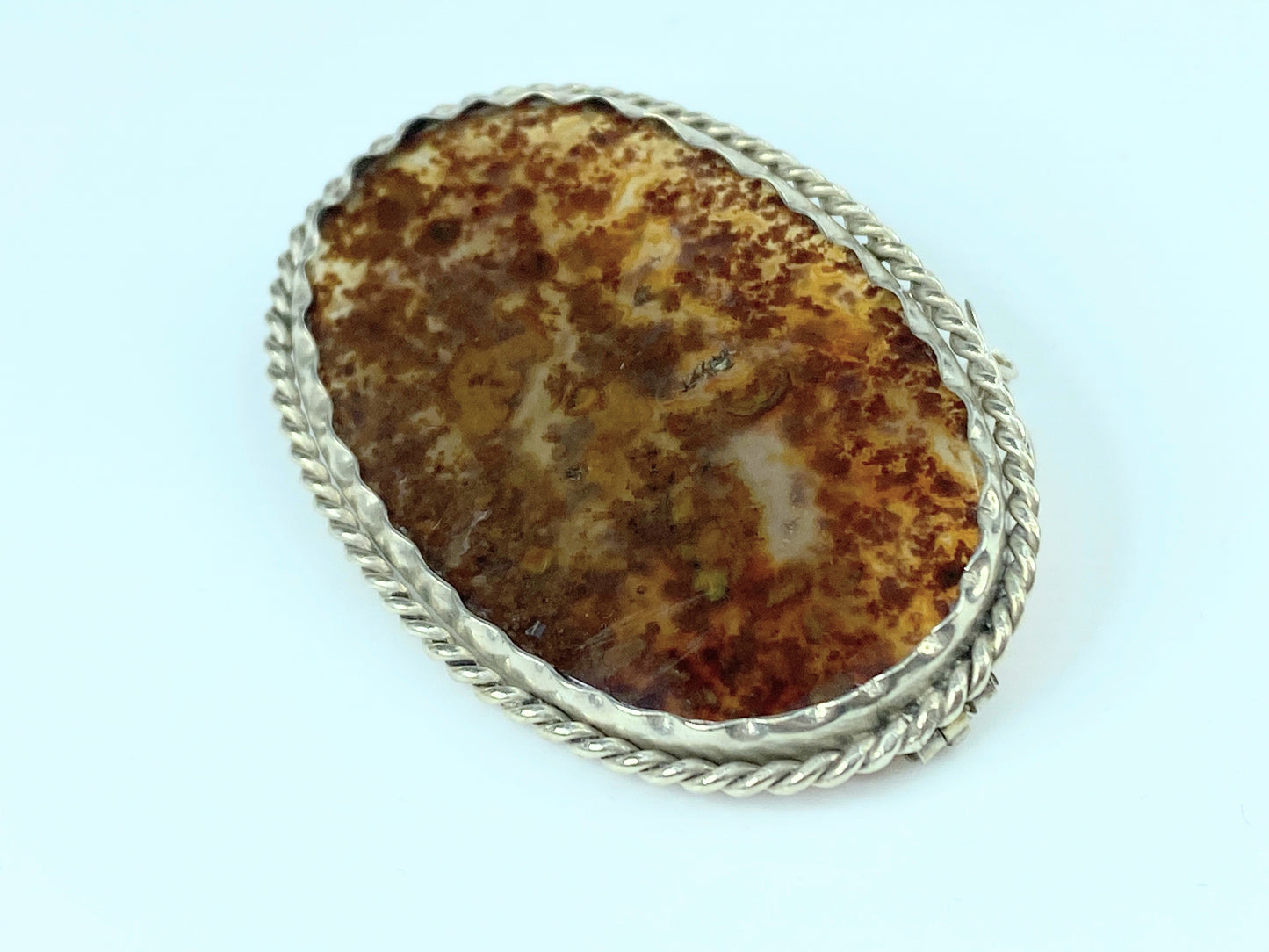 Handmade sterling silver Moss Agate twisted rope oval brooch 2" 12.8g JR9747