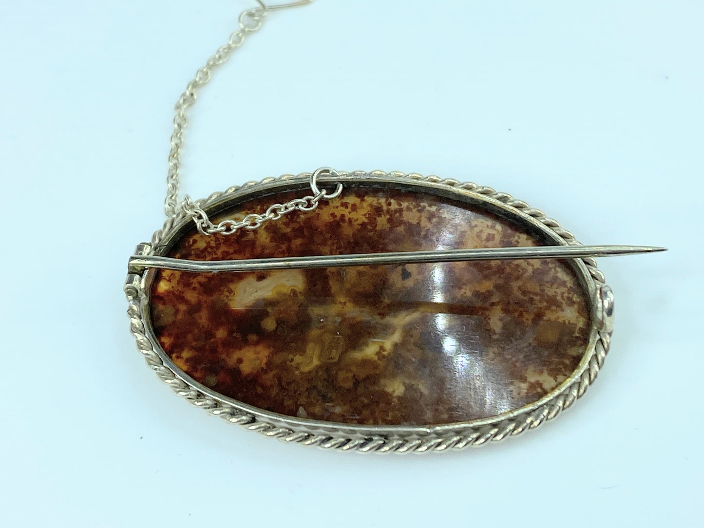 Handmade sterling silver Moss Agate twisted rope oval brooch 2" 12.8g JR9747