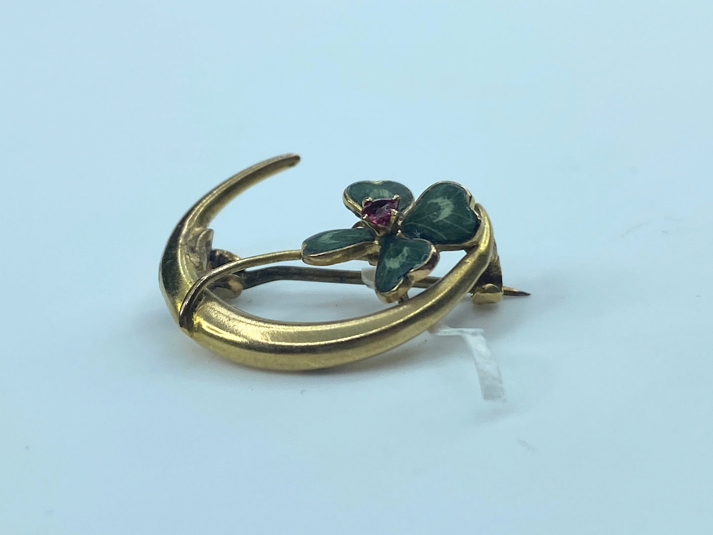 Art Deco Ruby Shamrock clover Enamel Crescent moon in 10K gold