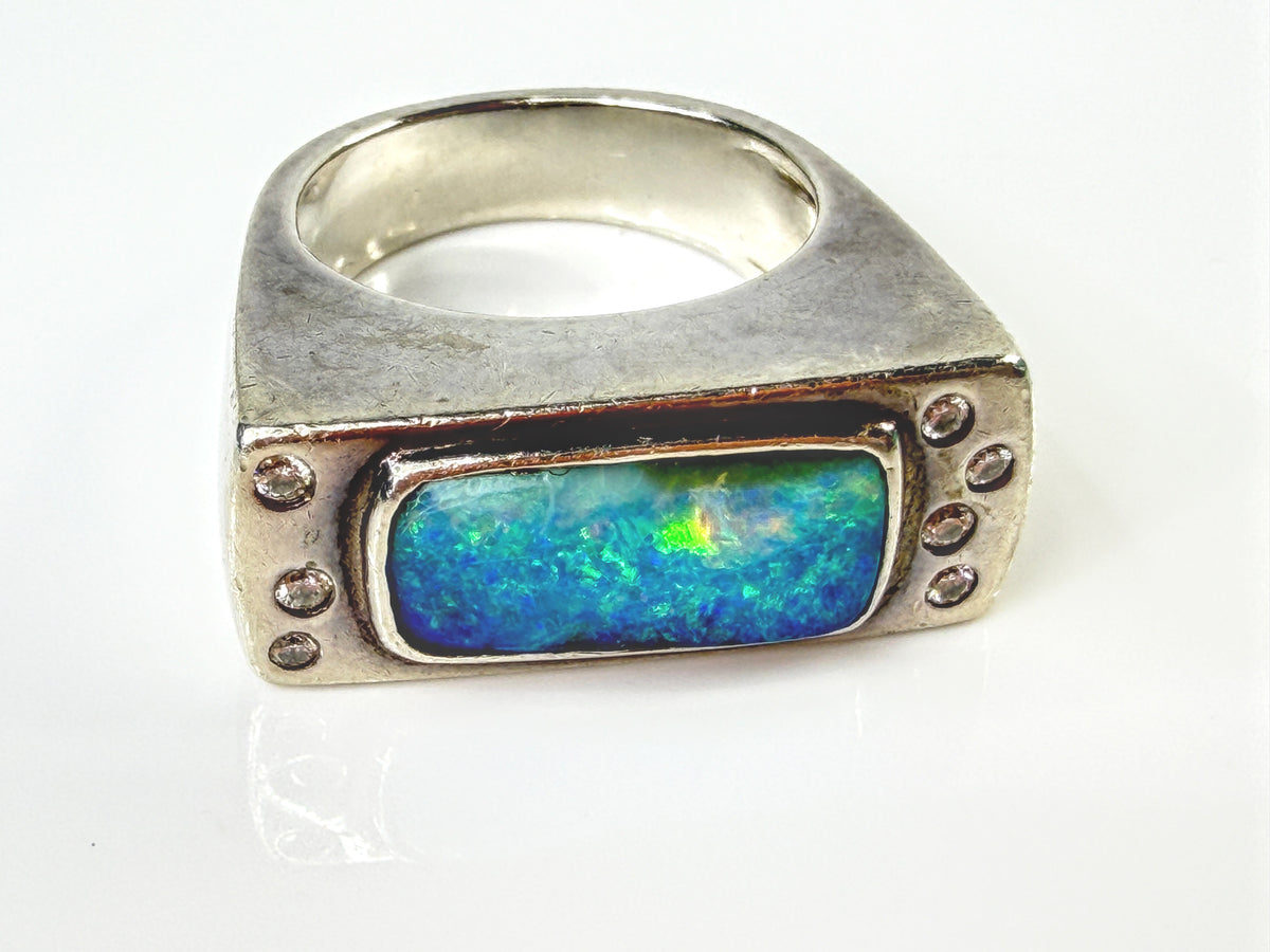 Handmade Sterling Silver Opal Diamond Modernist Statement Ring Size 7 13g JR2173