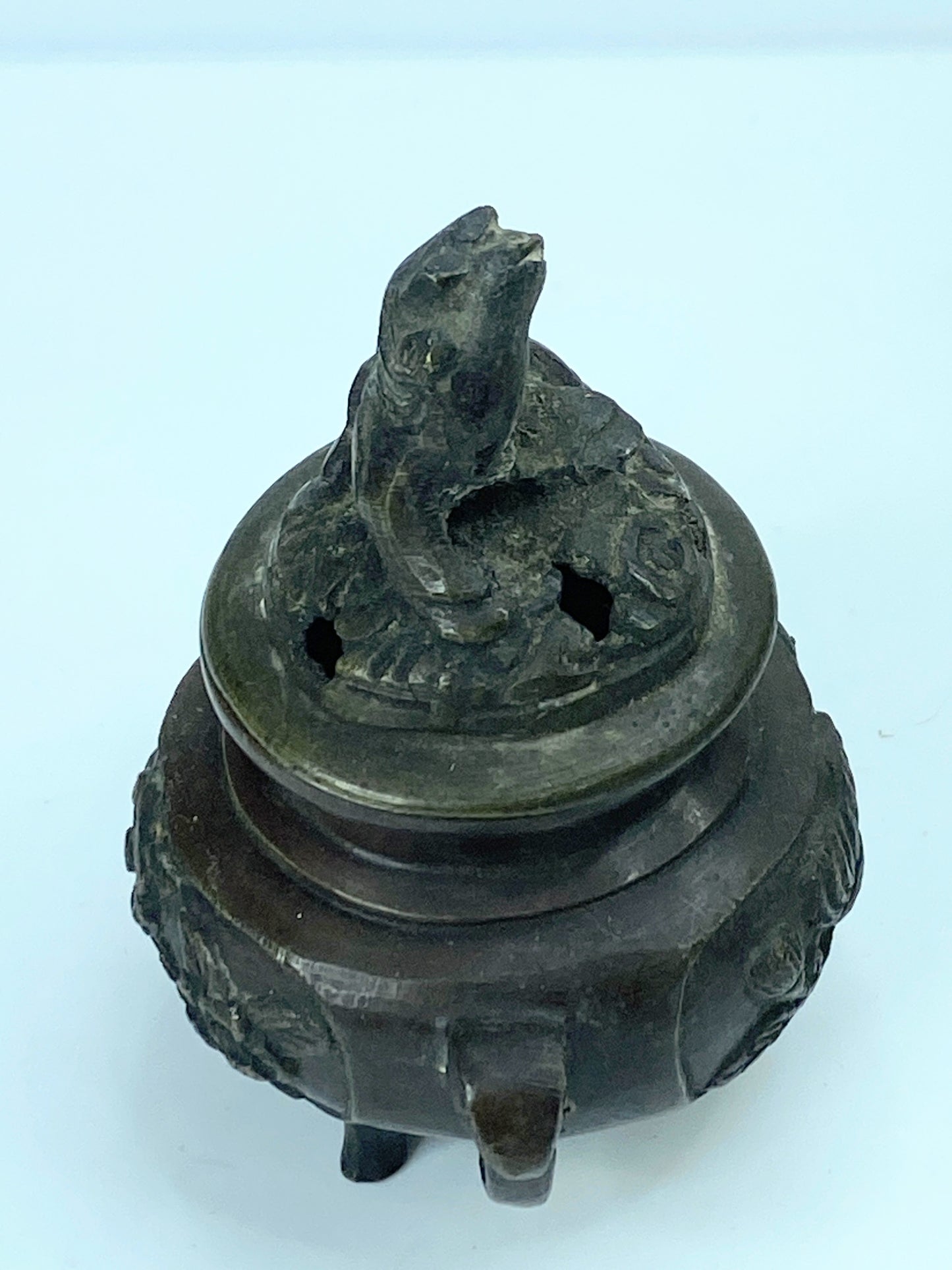 Mid-Century Chinese Mini bronze incense burner ShiShi on Cloud 3 3/8" A345