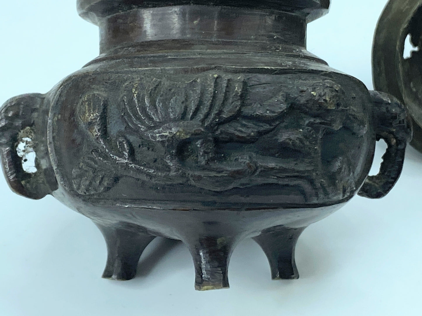 Mid-Century Chinese Mini bronze incense burner ShiShi on Cloud 3 3/8" A345