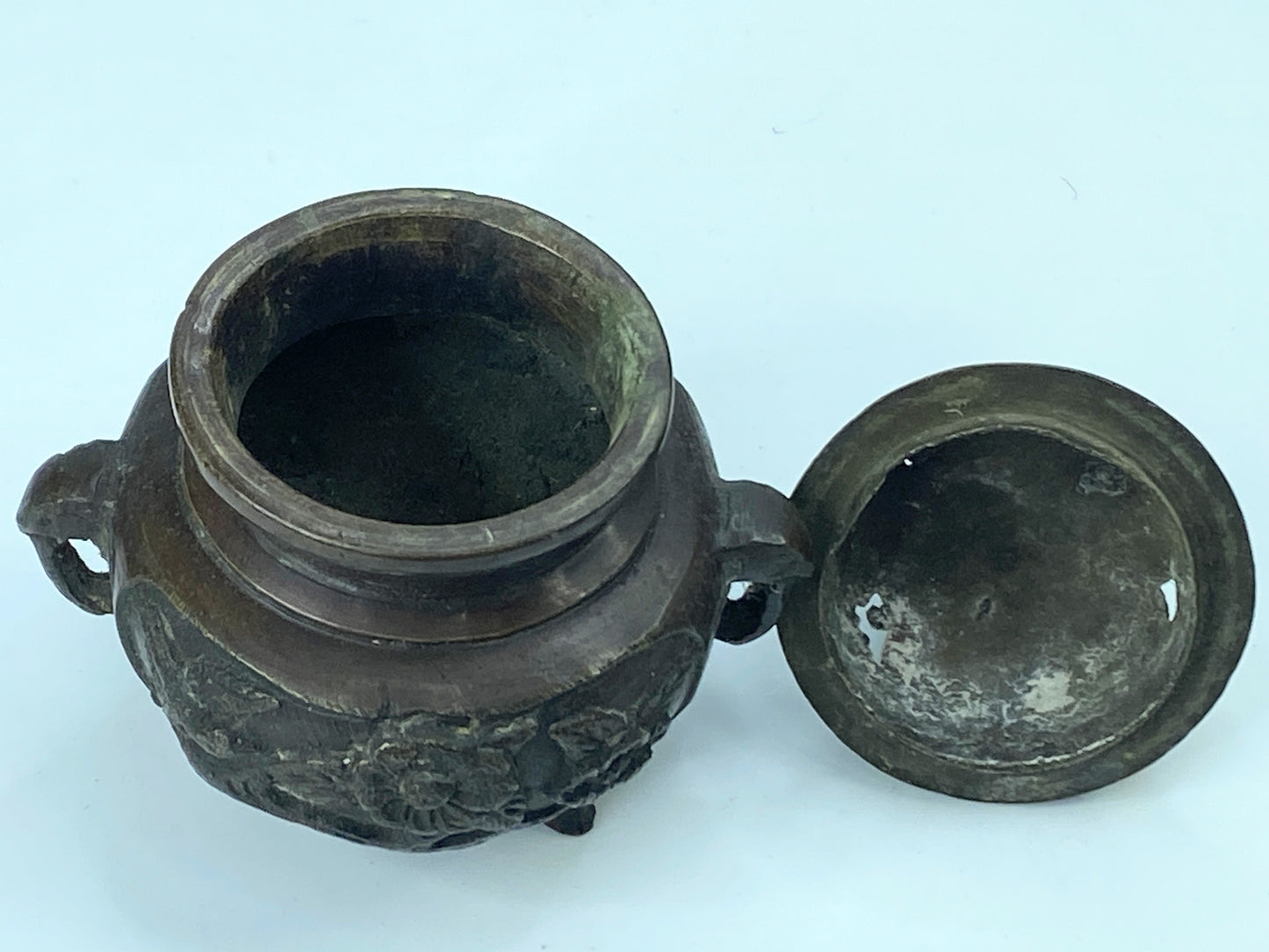 Mid-Century Chinese Mini bronze incense burner ShiShi on Cloud 3 3/8" A345