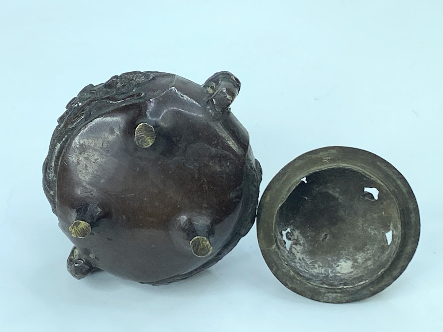 Mid-Century Chinese Mini bronze incense burner ShiShi on Cloud 3 3/8" A345
