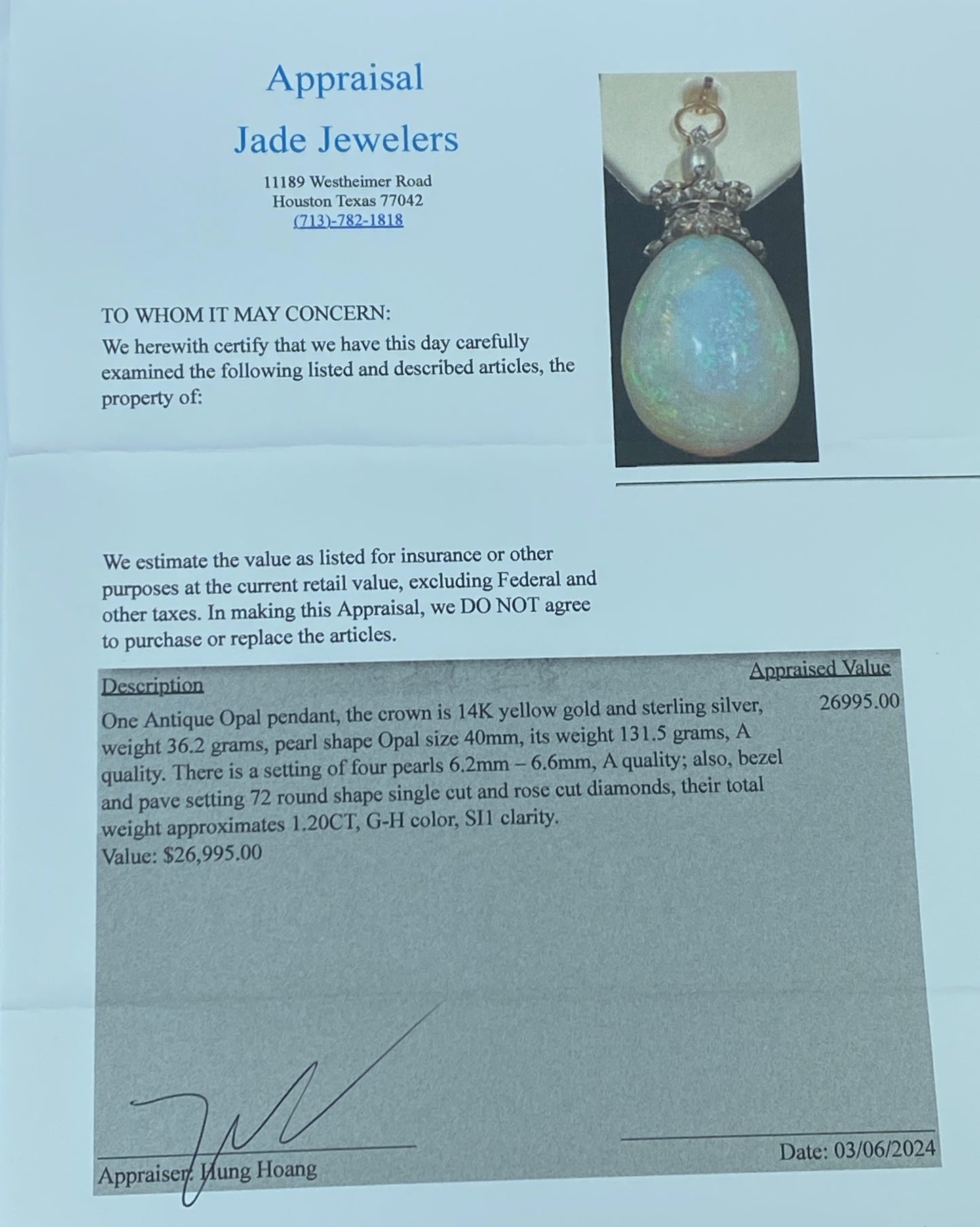 Appraised 26,995 Victorian 131.5ct Opal Drop G/Si Diamond pearl pendant JR8282