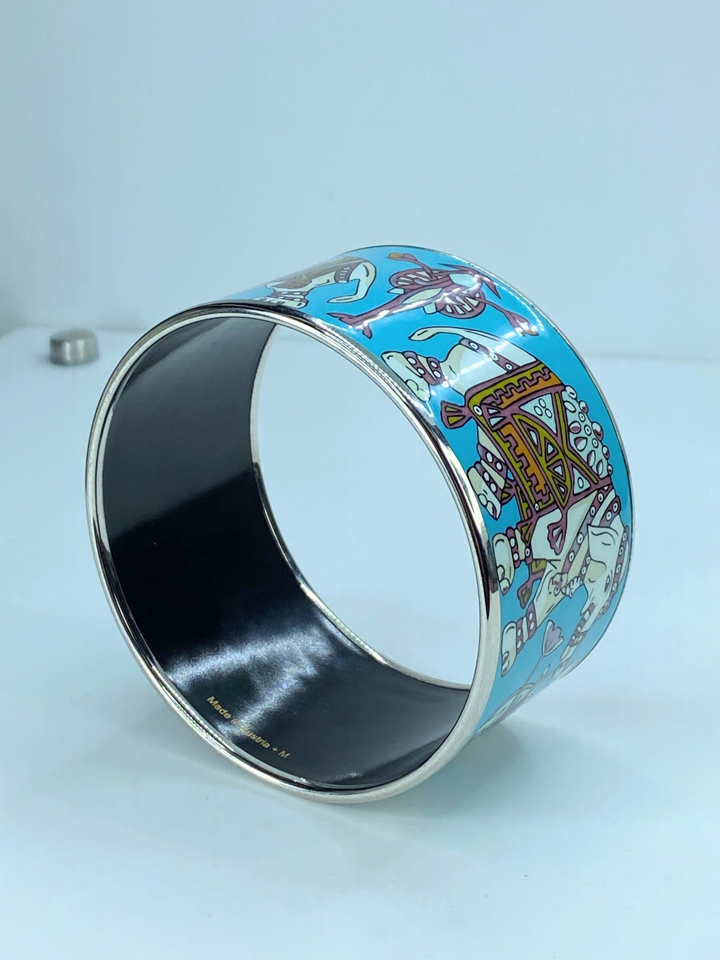 Signed Famous Hermes Wide Multi-Color Enamel Elephant Cuff Bracelet 1.5" GS229