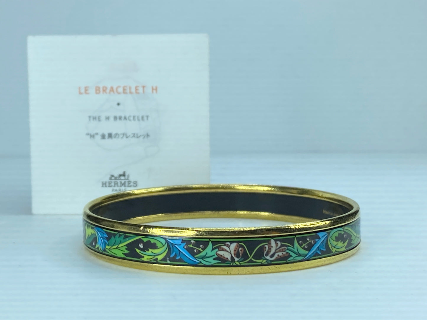 Hermès Hermes Enamel PM Bangle Black Green Pink leave motif bangle 10mm 8" GS230