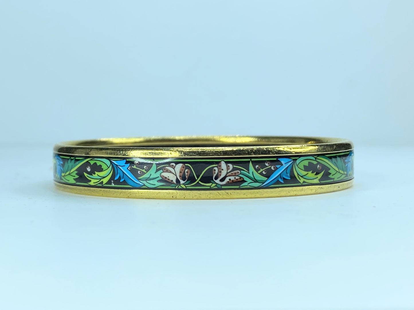 Hermès Hermes Enamel PM Bangle Black Green Pink leave motif bangle 10mm 8" GS230