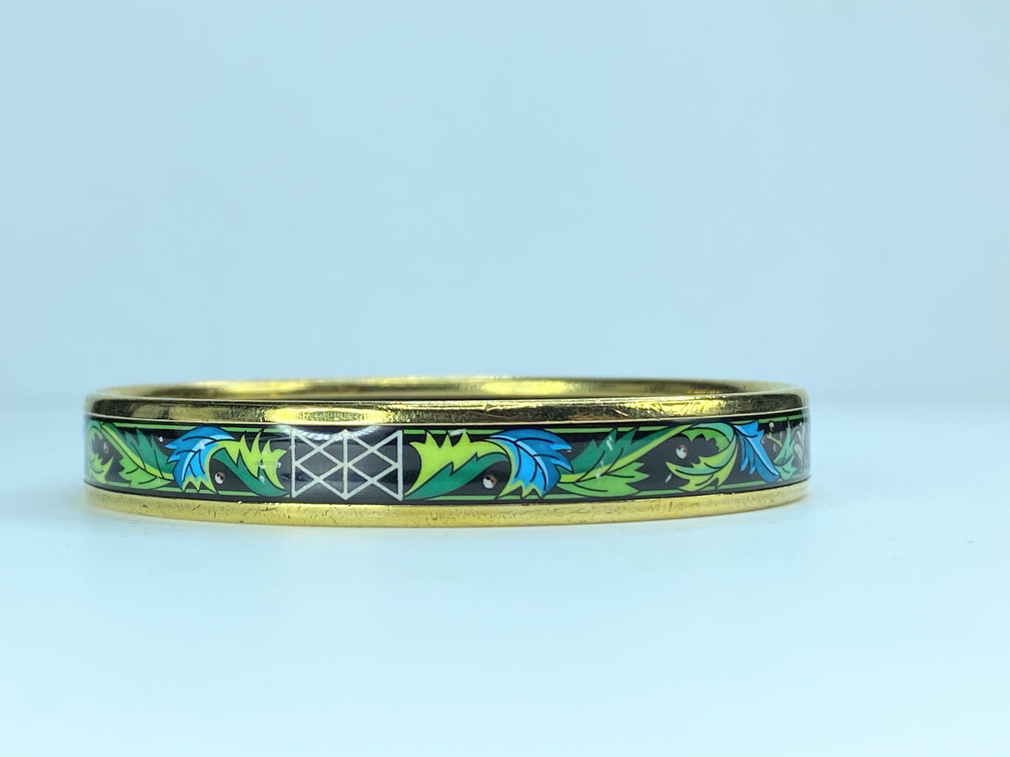 Hermès Hermes Enamel PM Bangle Black Green Pink leave motif bangle 10mm 8" GS230