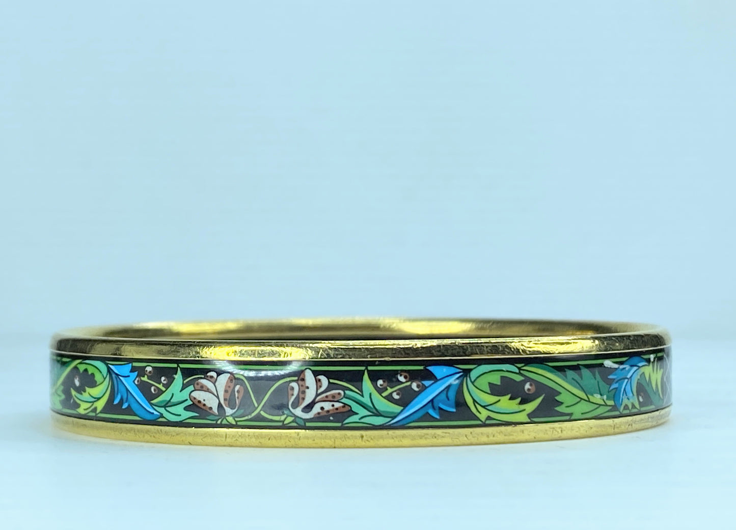 Hermès Hermes Enamel PM Bangle Black Green Pink leave motif bangle 10mm 8" GS230