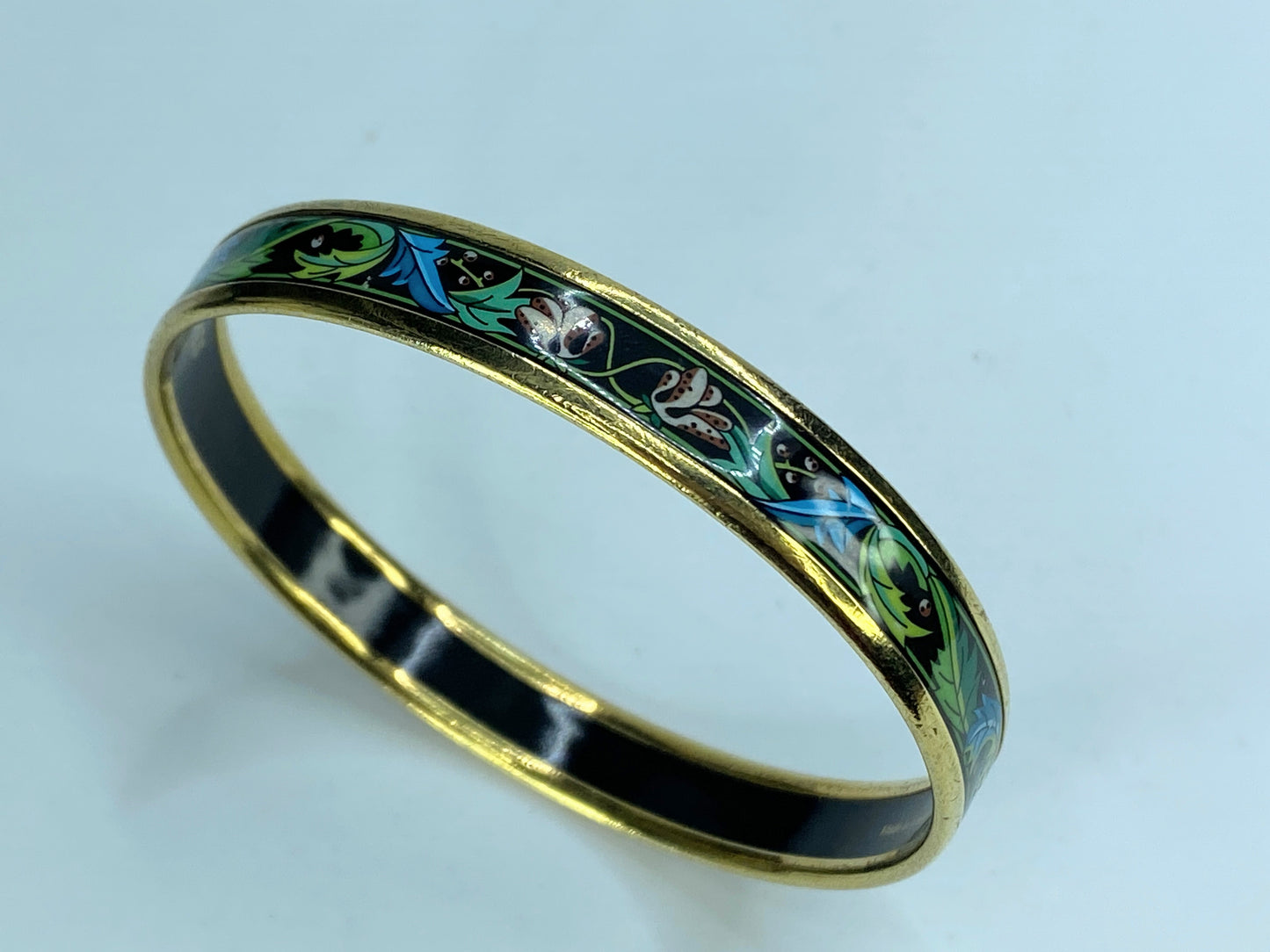 Hermès Hermes Enamel PM Bangle Black Green Pink leave motif bangle 10mm 8" GS230