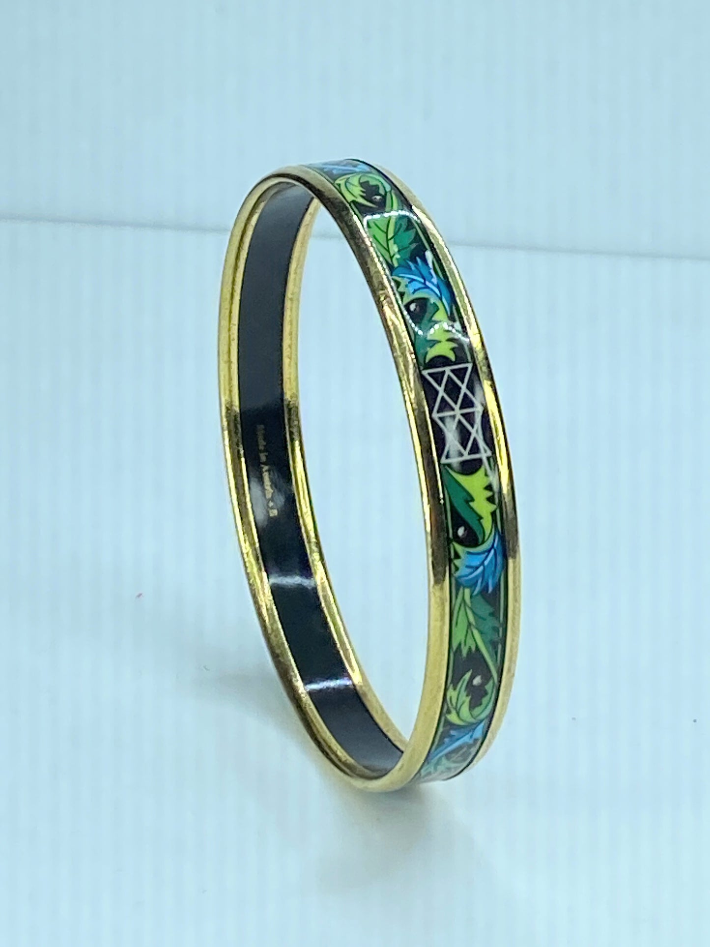 Hermès Hermes Enamel PM Bangle Black Green Pink leave motif bangle 10mm 8" GS230