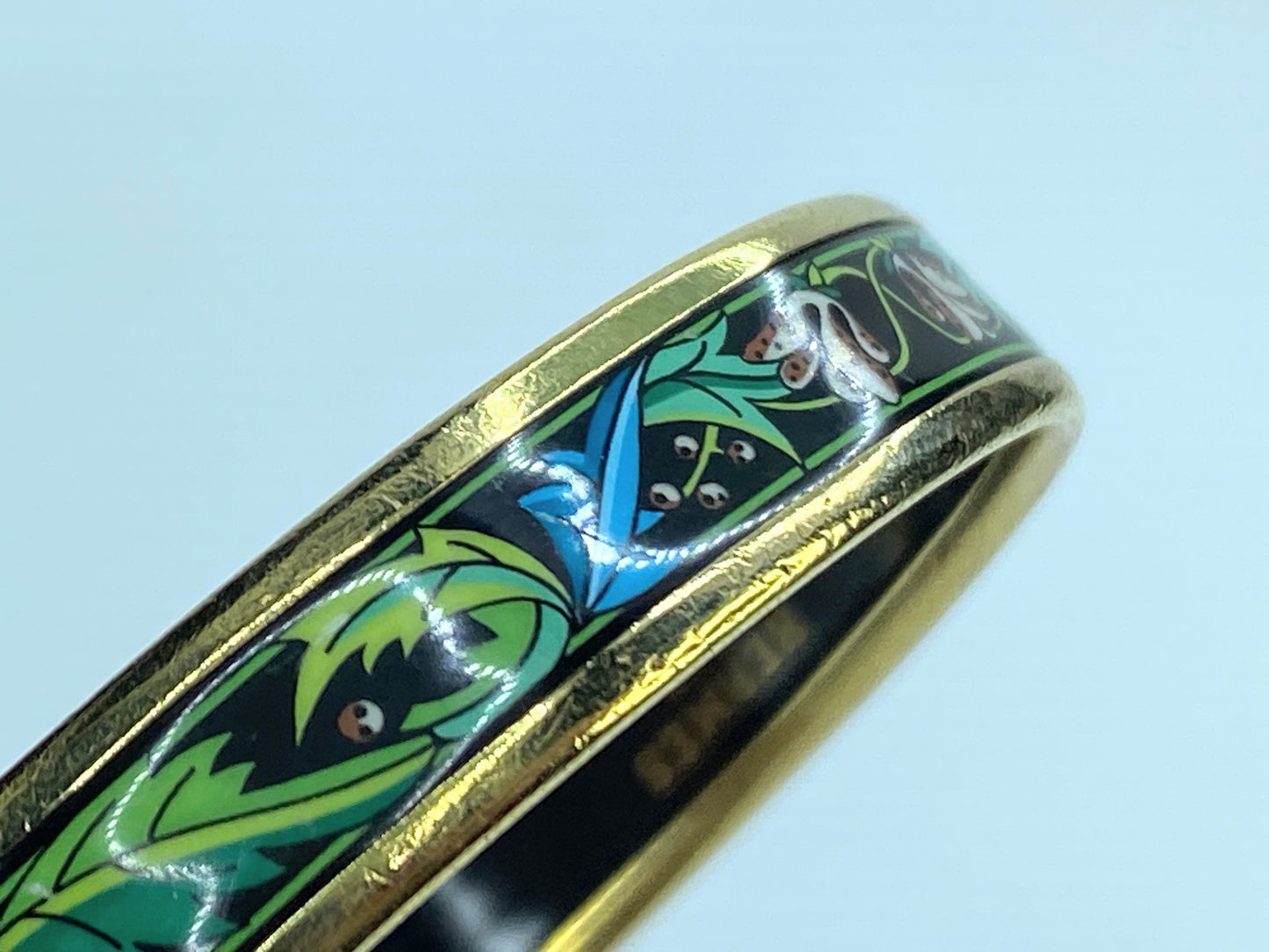 Hermès Hermes Enamel PM Bangle Black Green Pink leave motif bangle 10mm 8" GS230