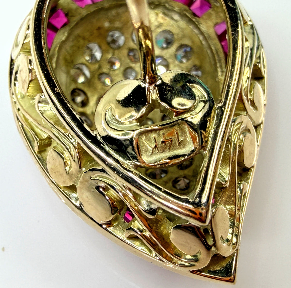 Vintage 18 karat gold Ruby Diamond Teardrop Omega Clip Earrings 14.5g JR2196