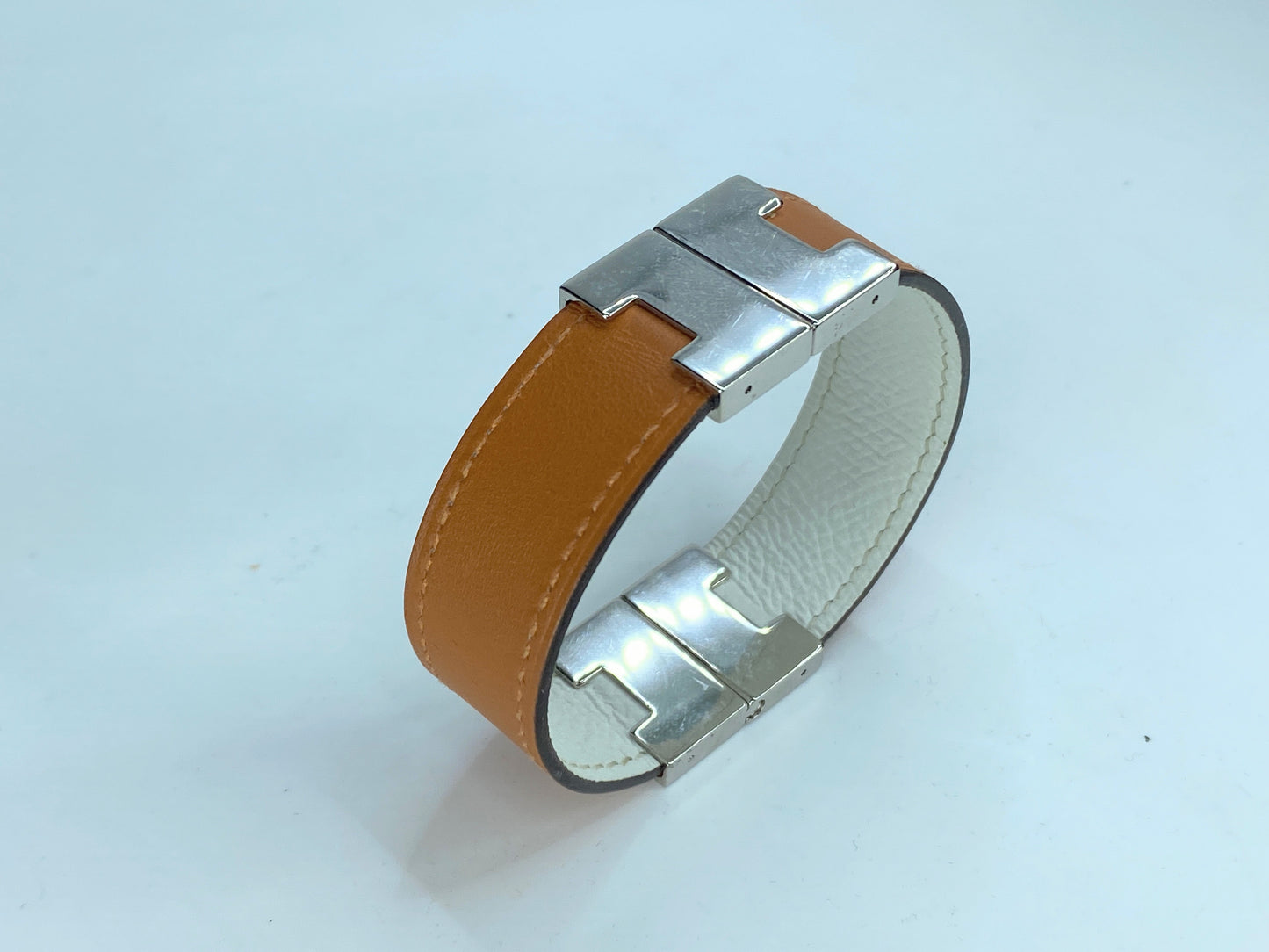 HERMES orange leather Bracelet Silver both-sides Hardware 23.9g 6.5" GS234