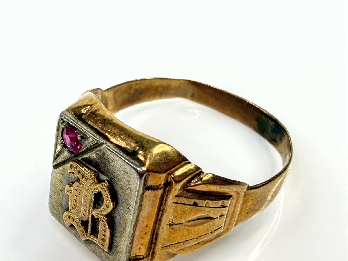 Antique 10K Two Tone Gold Ruby Initial B Signet Ring Size 11 3.5g 3.5g JR2203