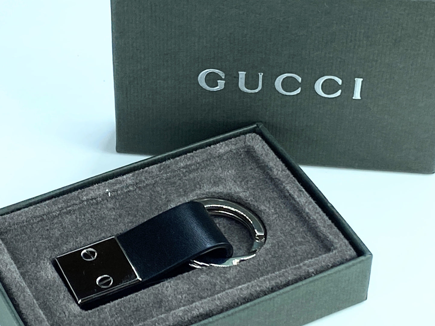 Gucci black Leather silvertone Keyring with original seal and box GS296