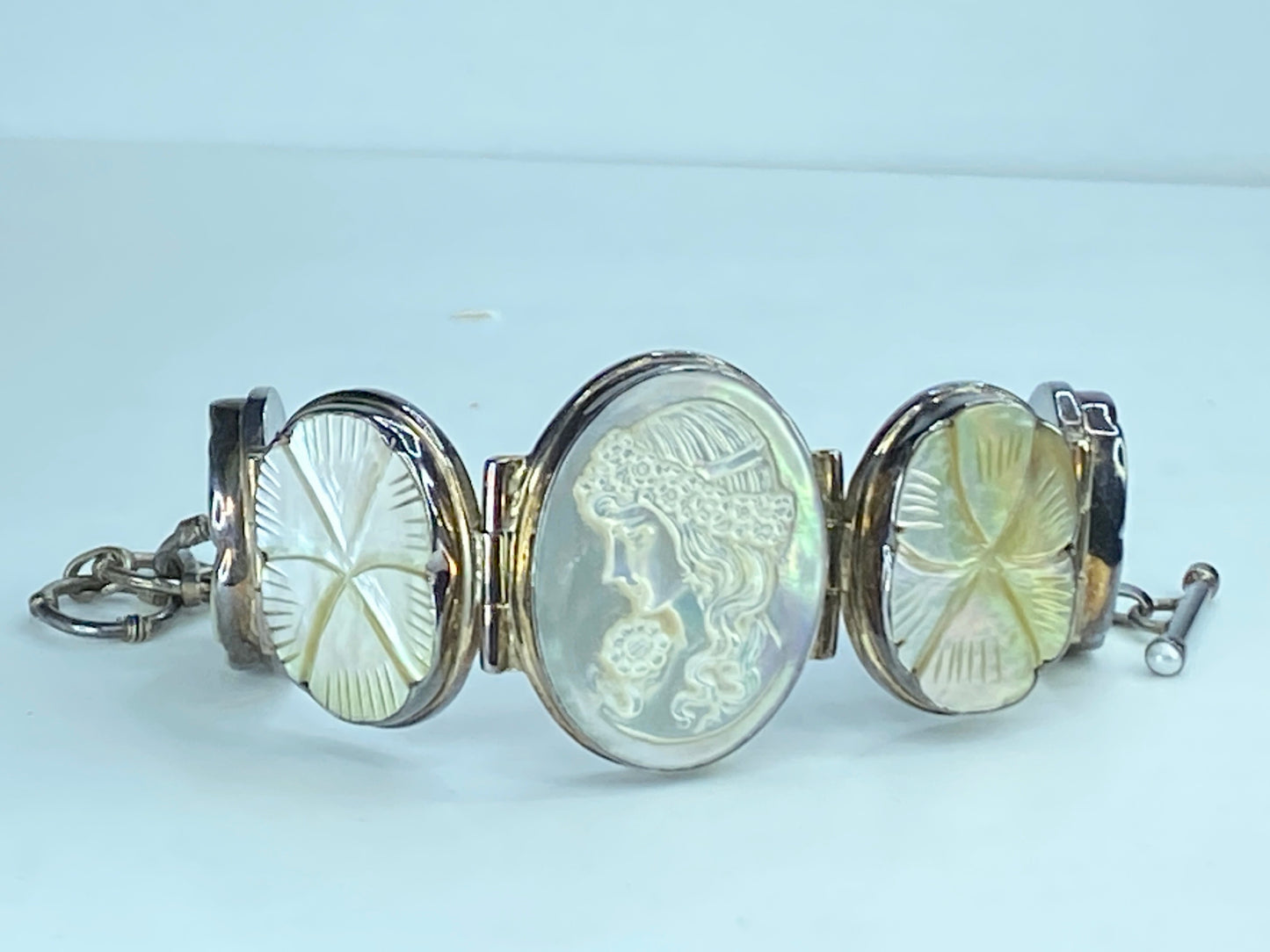 Art Deco Sterling MOP Cameo Victorian Grace Hibiscus flower bracelet 66.4g JR256