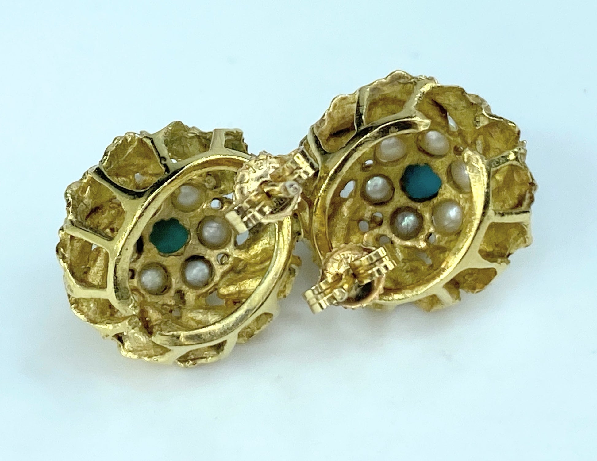 14K cultured Pearls Turquoise cabochon Bombe post earrings 7.5g JR9735