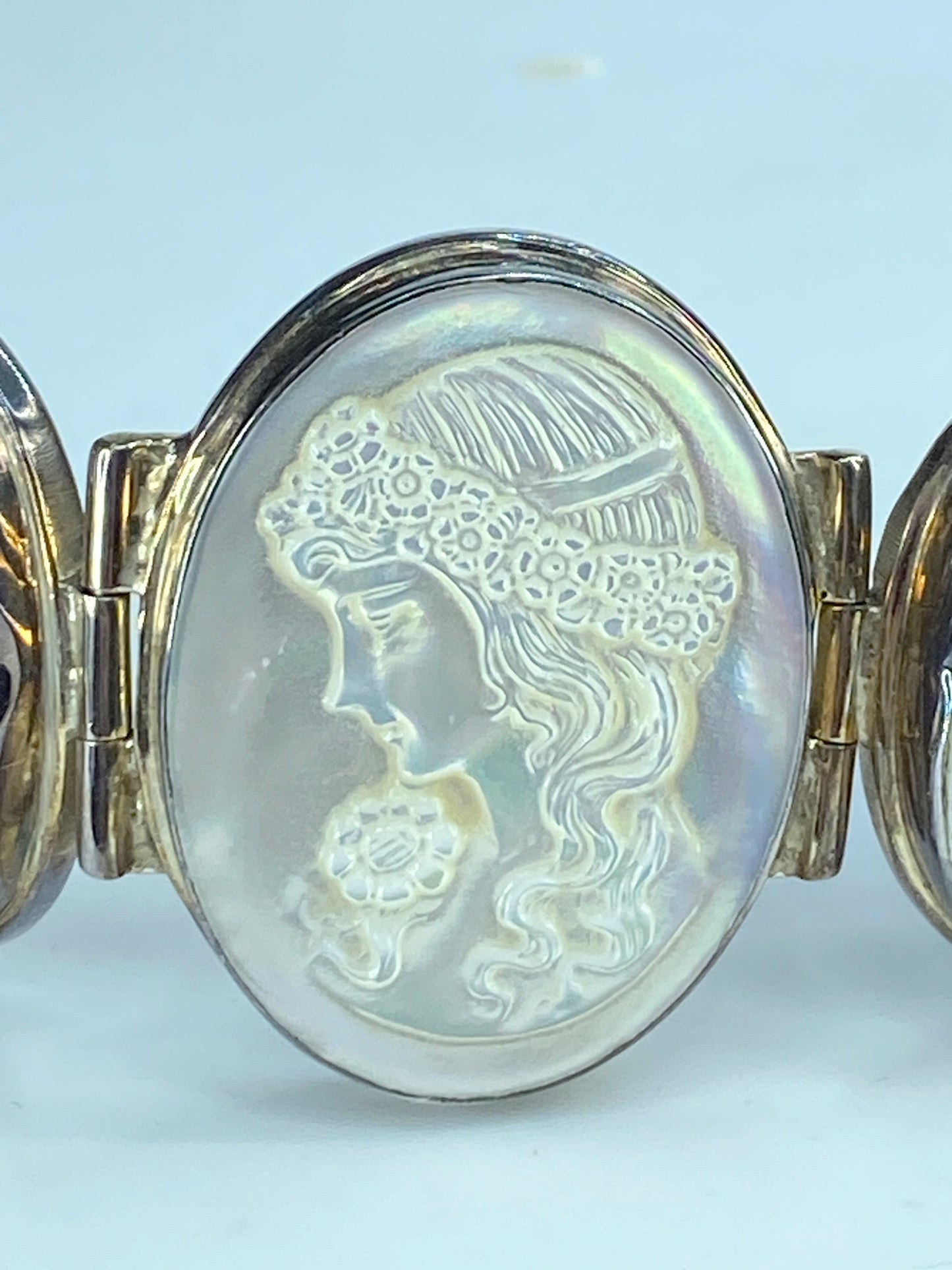 Art Deco Sterling MOP Cameo Victorian Grace Hibiscus flower bracelet 66.4g JR256