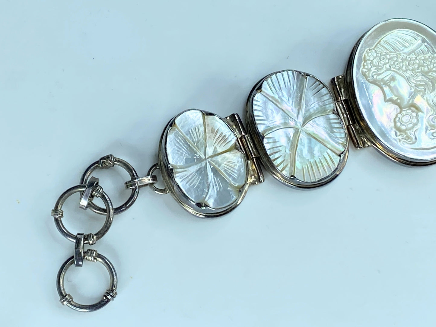 Art Deco Sterling MOP Cameo Victorian Grace Hibiscus flower bracelet 66.4g JR256