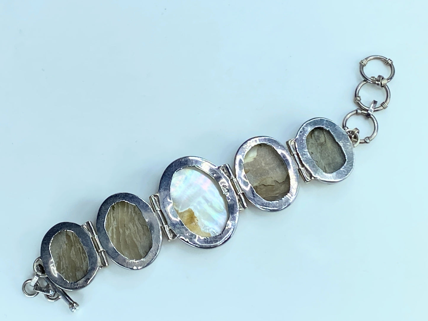 Art Deco Sterling MOP Cameo Victorian Grace Hibiscus flower bracelet 66.4g JR256