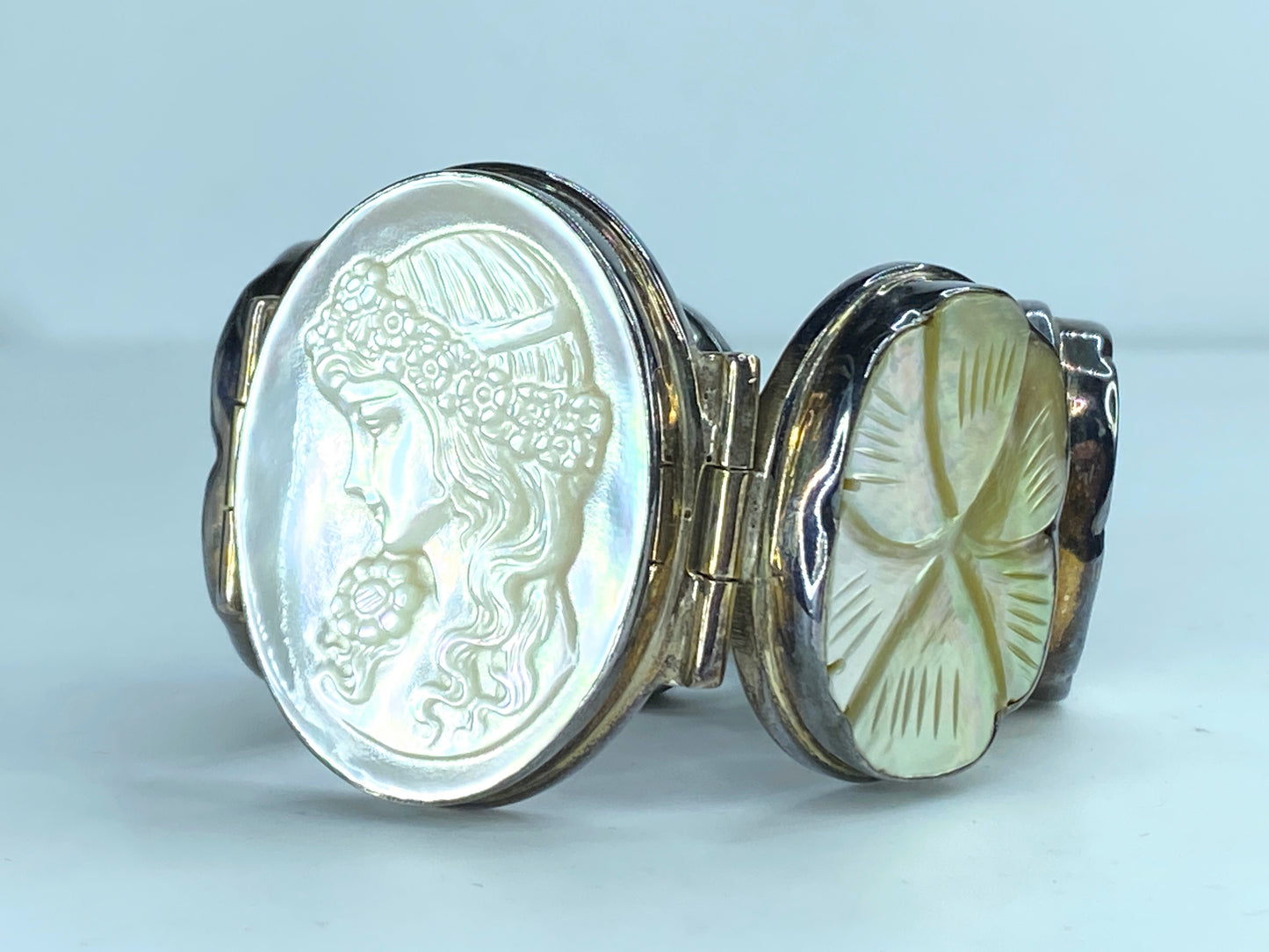 Art Deco Sterling MOP Cameo Victorian Grace Hibiscus flower bracelet 66.4g JR256