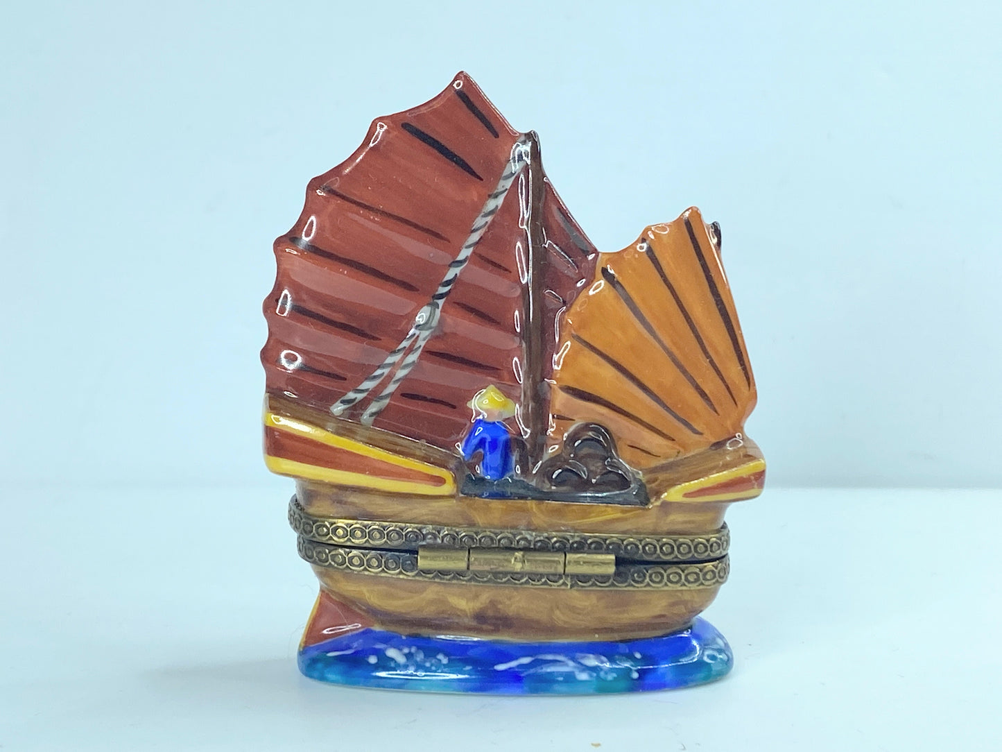 Chanille Limoges Peint Main Trinket Box Chinese Junk Ship #33 2 5/8" A354