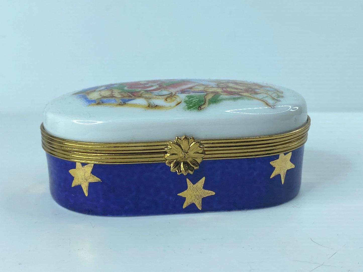 Limoges Trinket Box - Teddy Bear Santa on Sleigh 3" x 1 3/4" A361