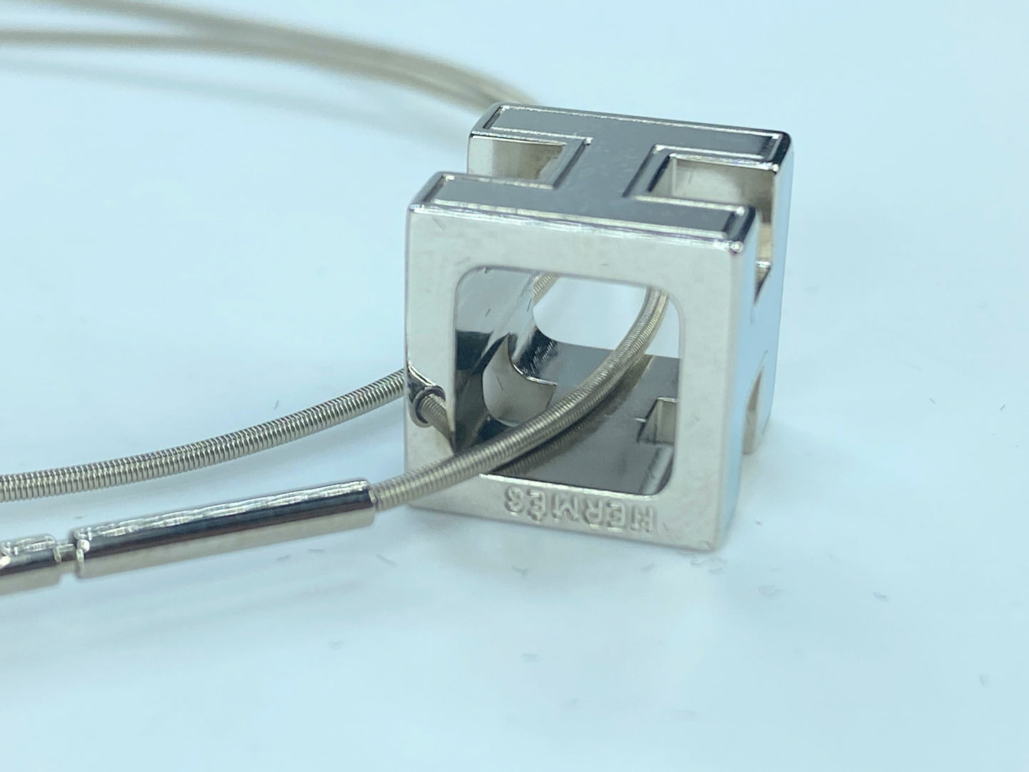 Hermes Authentic Sky Blue H Cube Pendant Cage de Ash Enamel Silver-tone GS320