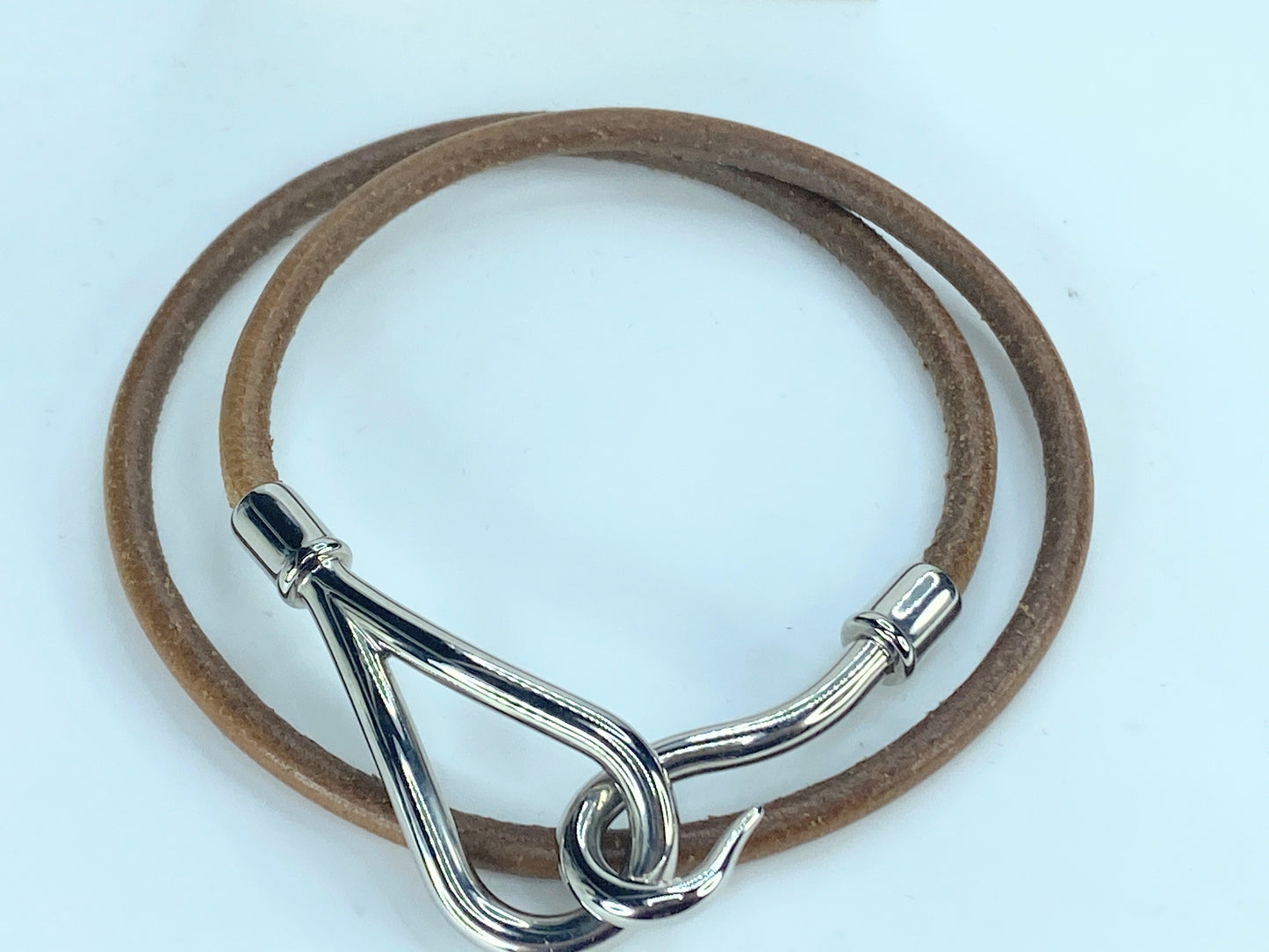 Hermès Jumbo Hook Double Tour Leather Bracelet Silver tone GS322