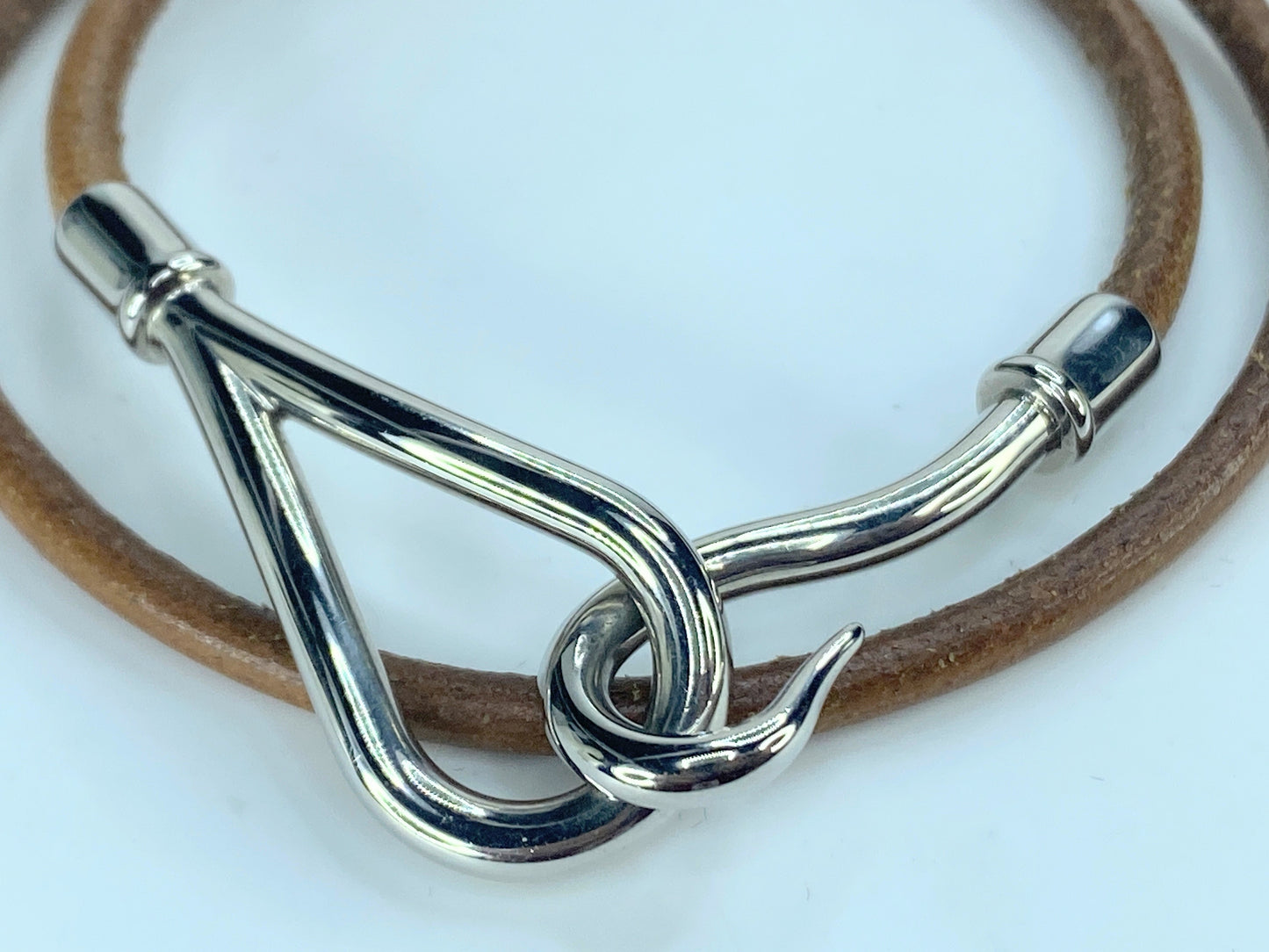 Hermès Jumbo Hook Double Tour Leather Bracelet Silver tone GS322