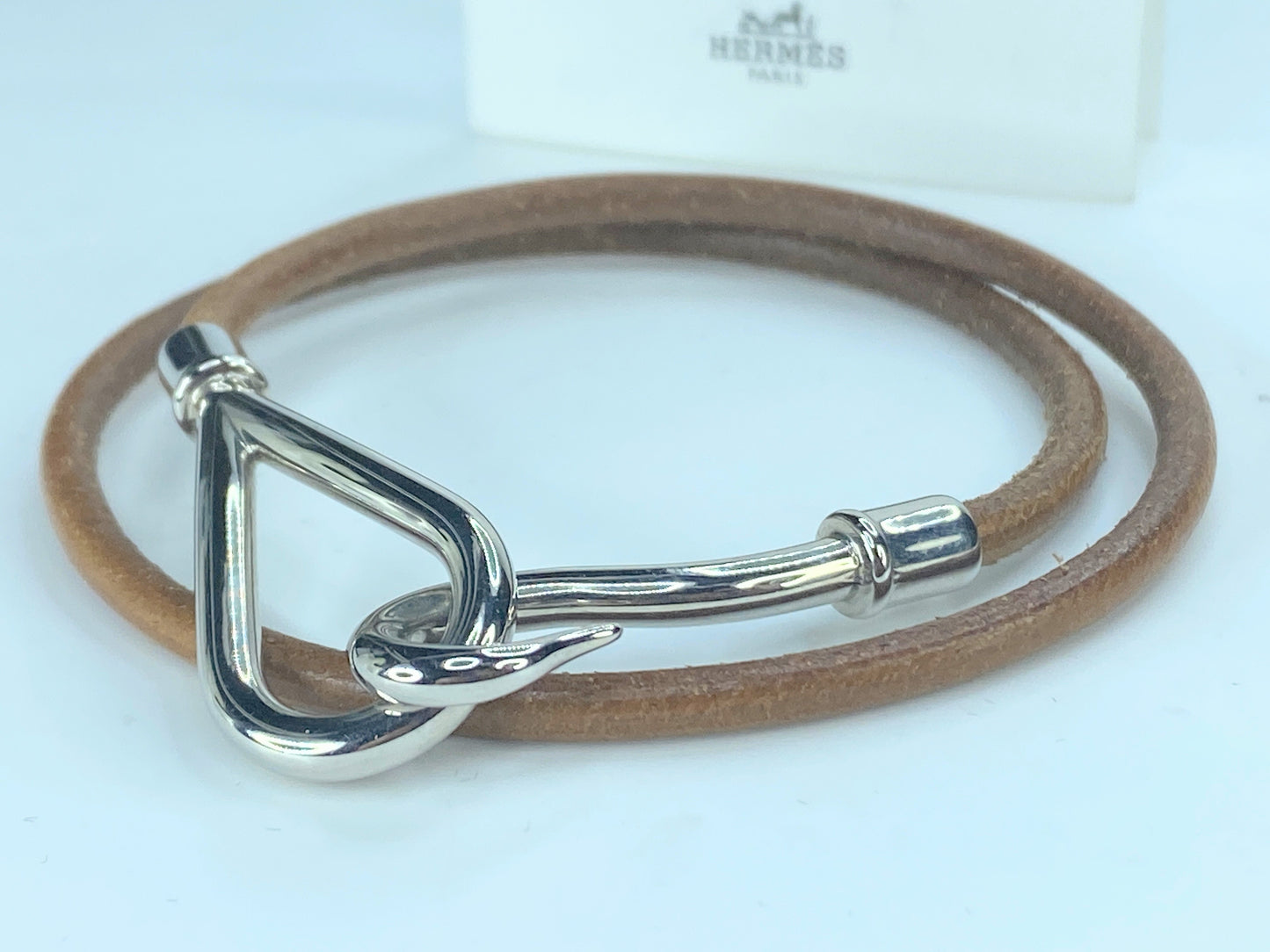 Hermès Jumbo Hook Double Tour Leather Bracelet Silver tone GS322