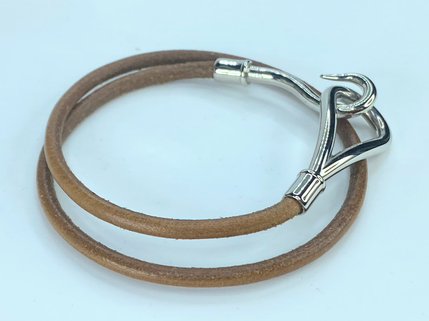 Hermès Jumbo Hook Double Tour Leather Bracelet Silver tone GS322