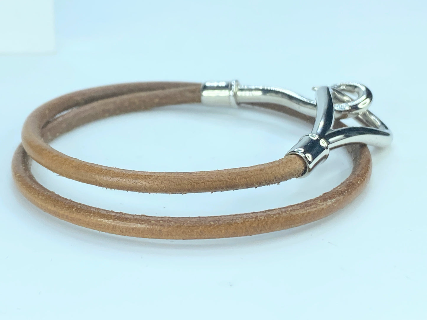Hermès Jumbo Hook Double Tour Leather Bracelet Silver tone GS322