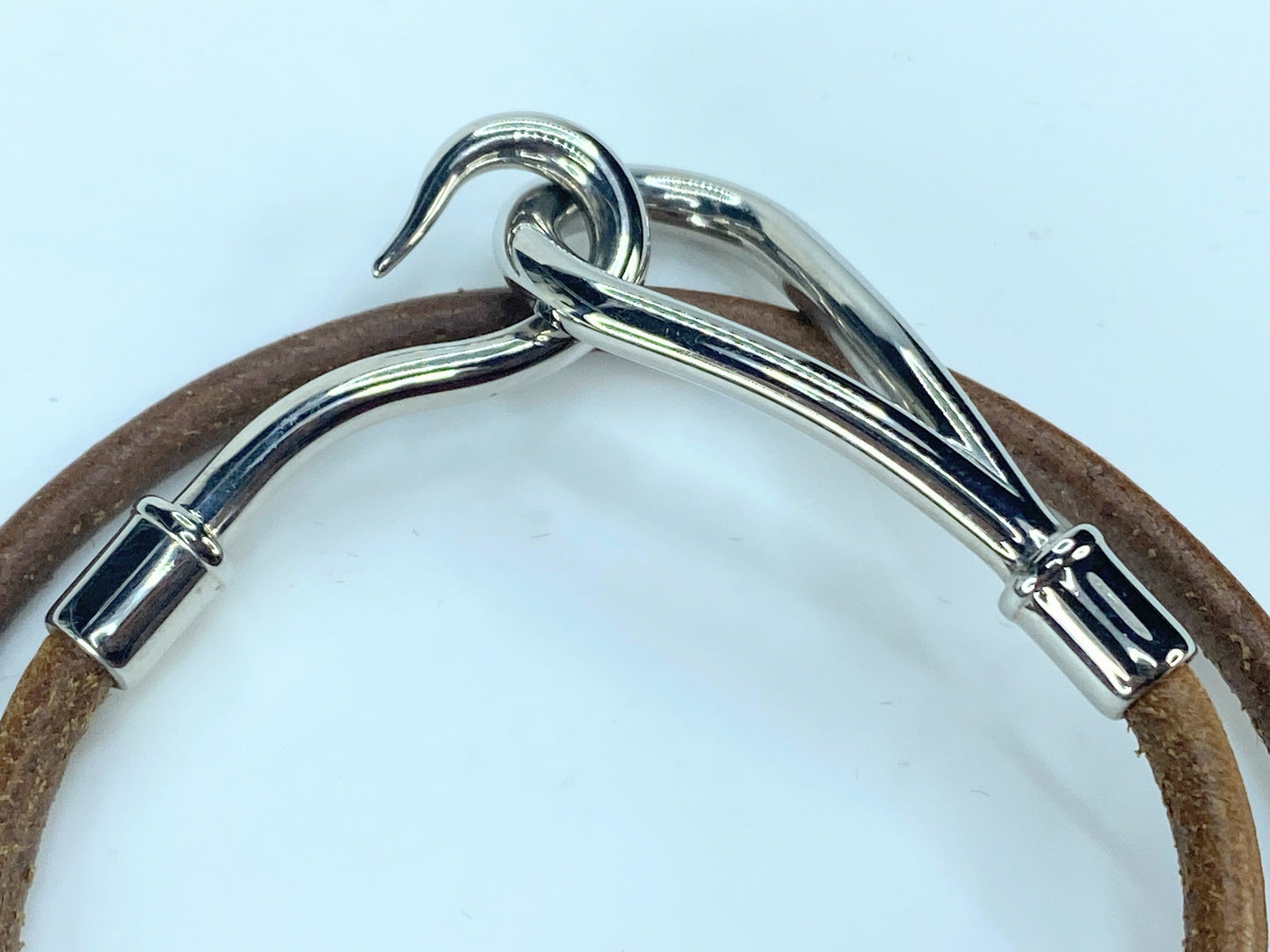 Hermès Jumbo Hook Double Tour Leather Bracelet Silver tone GS322