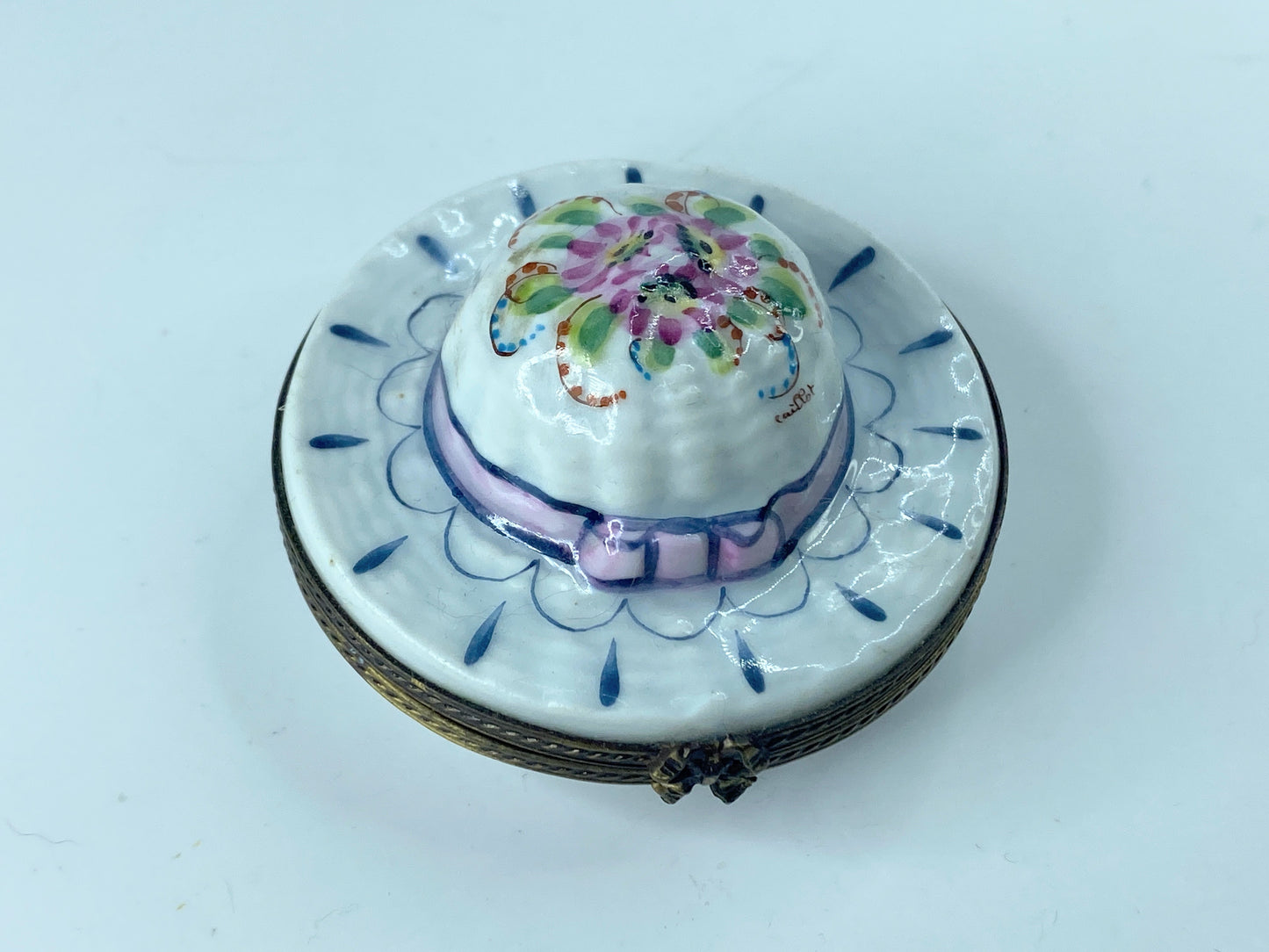 P. CaDau Limoges France Peint Main Spring floral Bonnet Trinket Box 2.5" A370