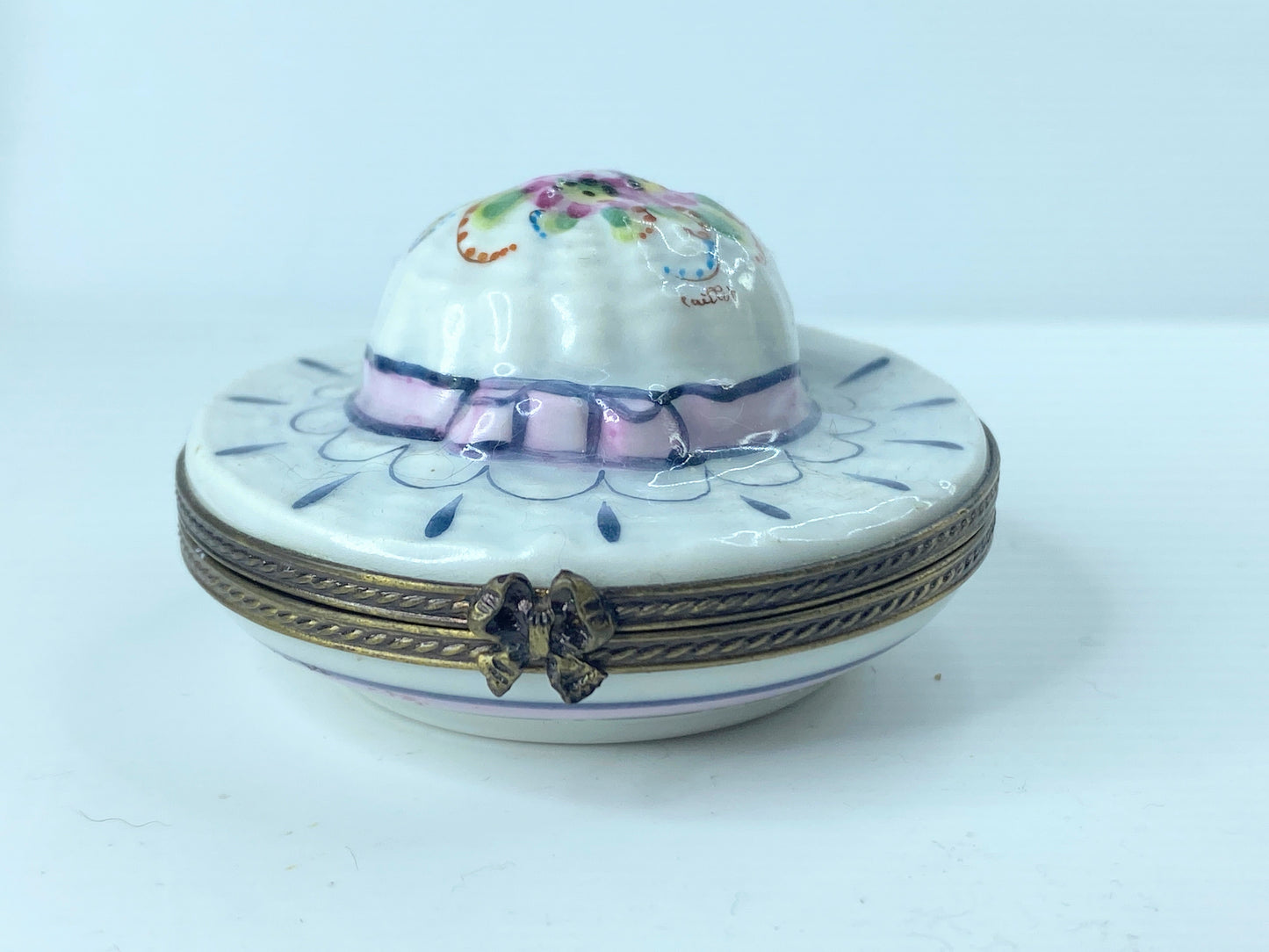 P. CaDau Limoges France Peint Main Spring floral Bonnet Trinket Box 2.5" A370