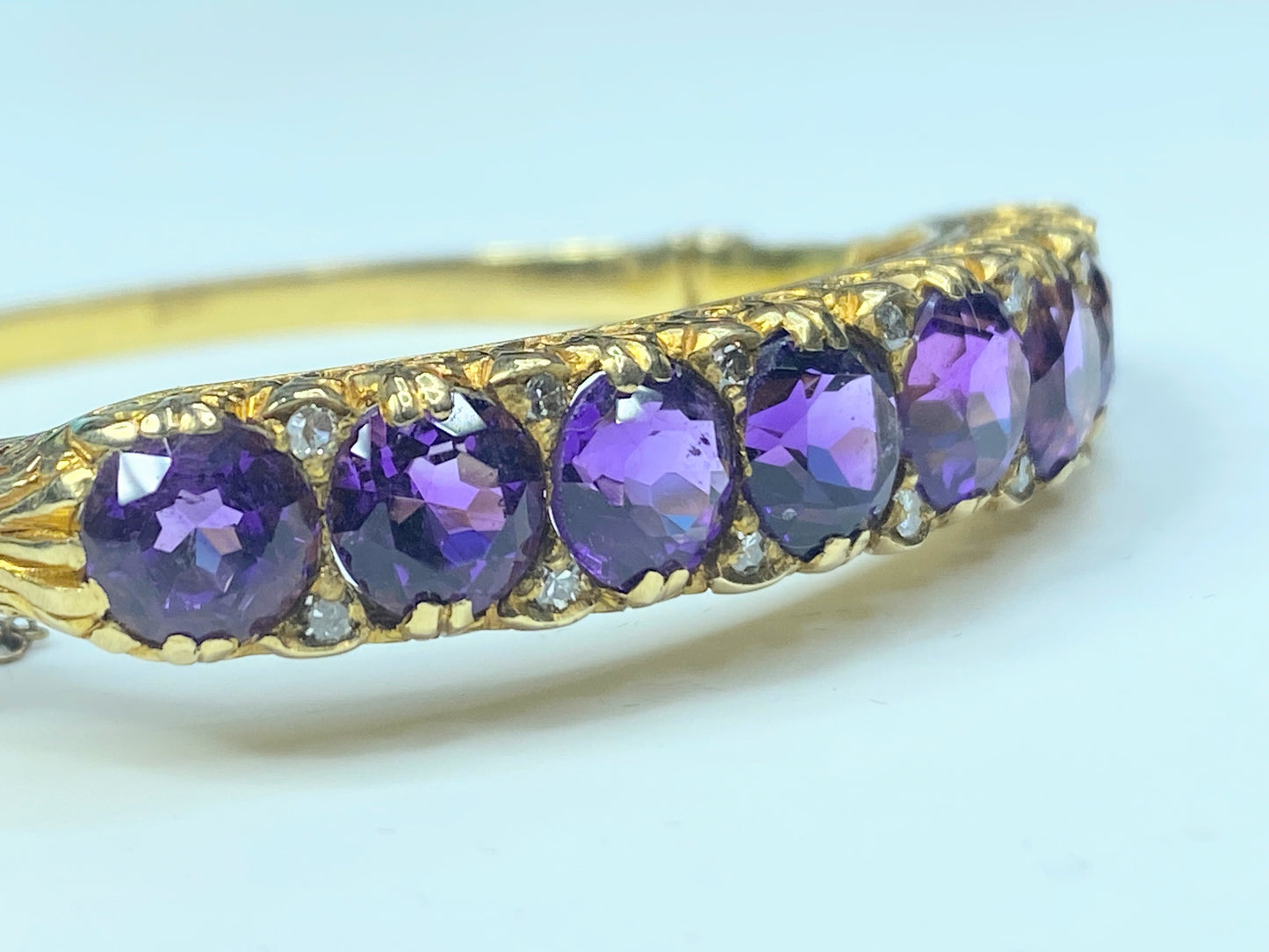 Appraised 6,995 14K Amethyst Old Euro cut Diamond hinged Art Deco bracelet JR221