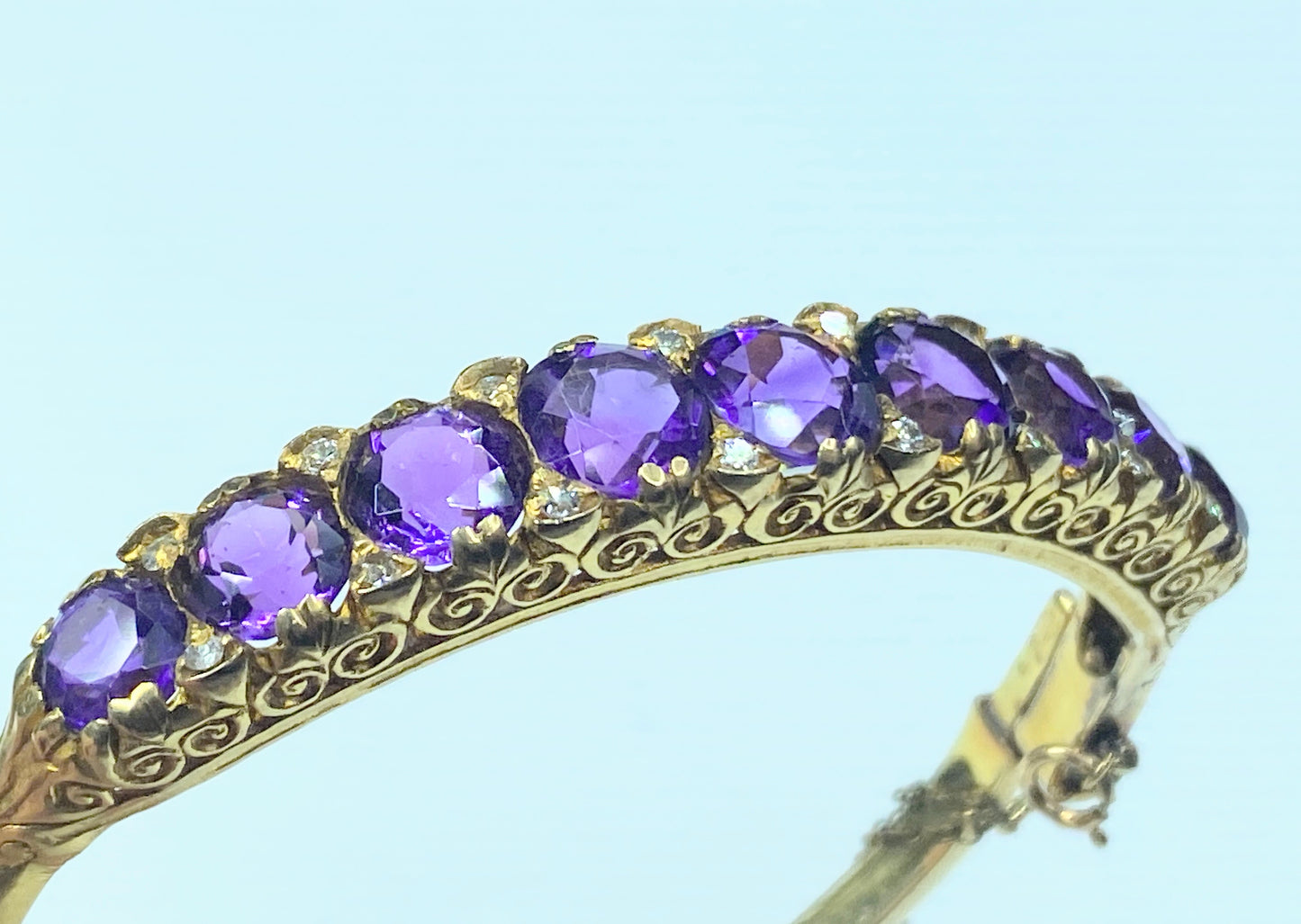 Appraised 6,995 14K Amethyst Old Euro cut Diamond hinged Art Deco bracelet JR221