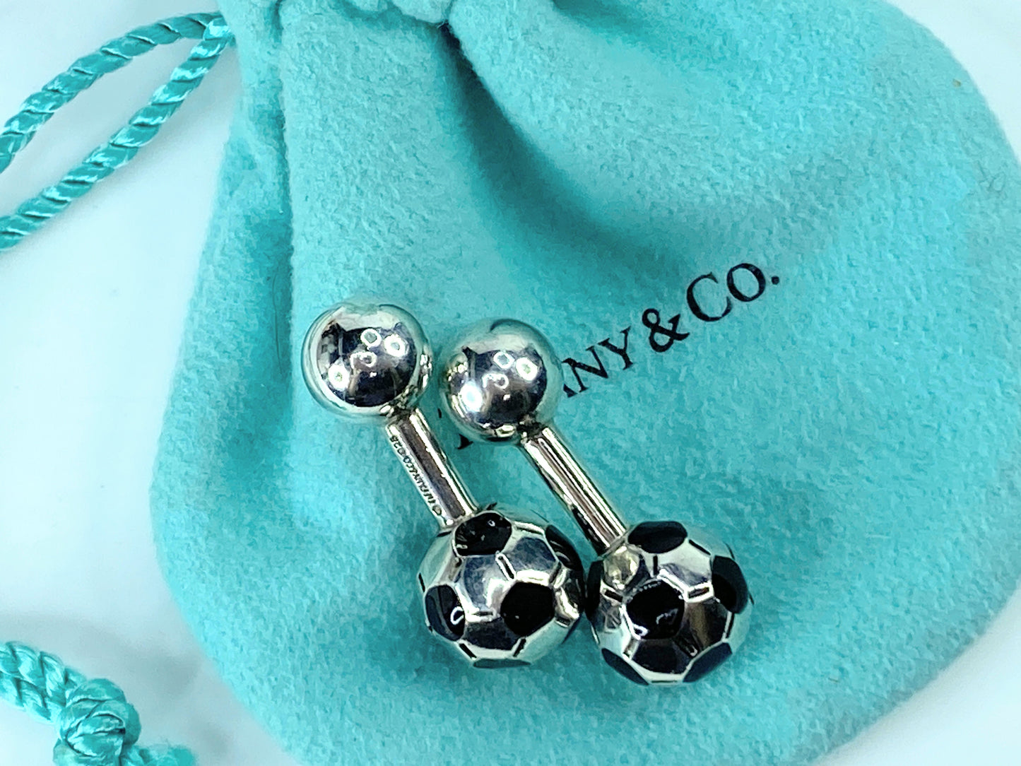 Tiffany & Co Silver Soccer Football Black Enamel Cufflinks Cuff Link GS85