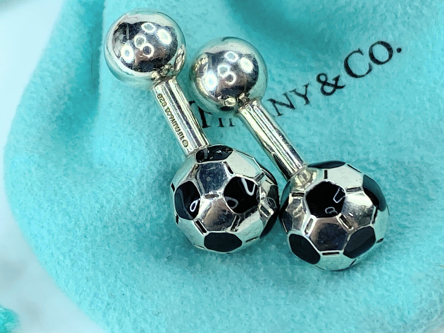 Tiffany & Co Silver Soccer Football Black Enamel Cufflinks Cuff Link GS85