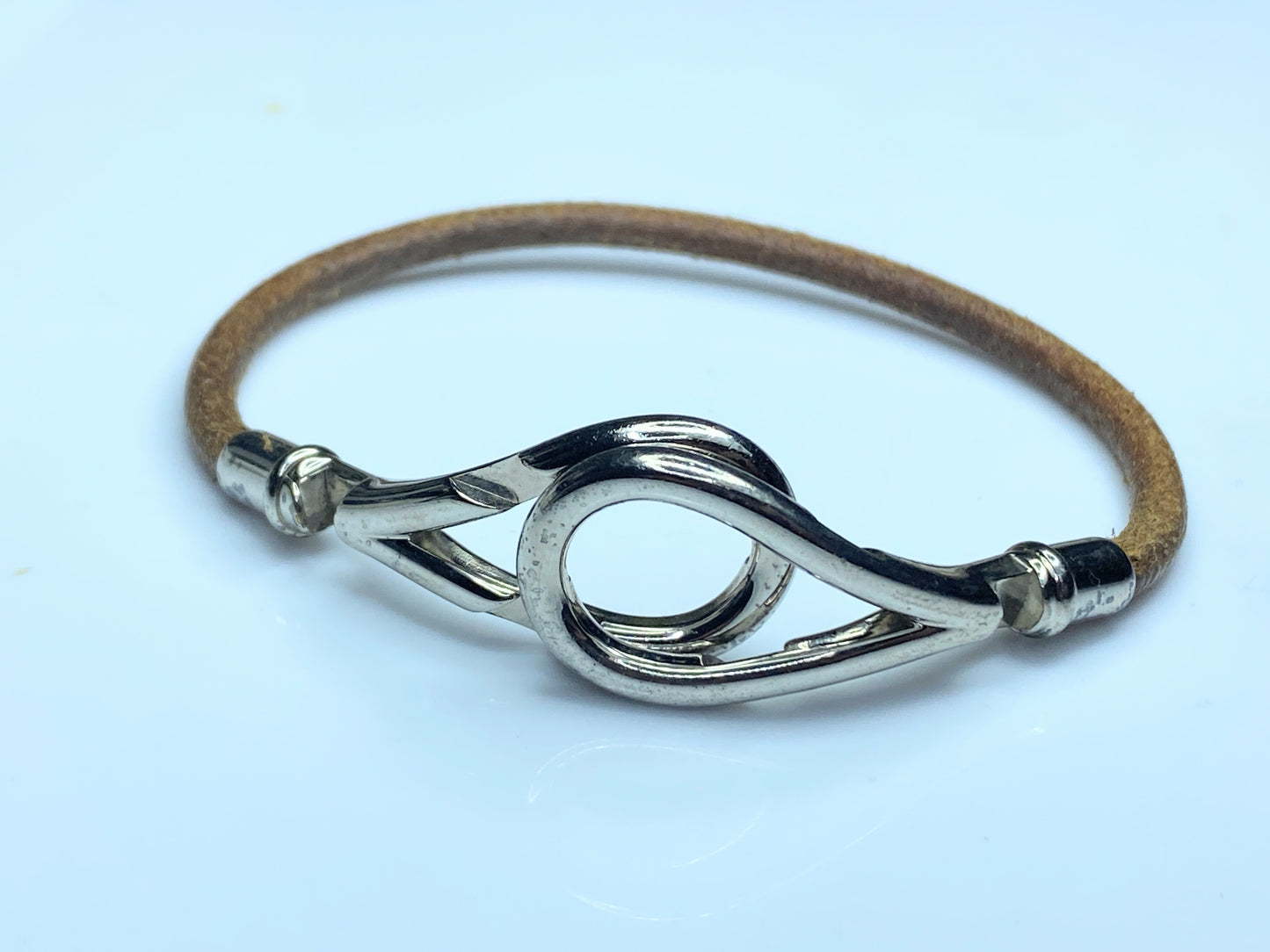 HERMES Attamed Bracelet Leather Silver tone 12.8g 6.5" GS337