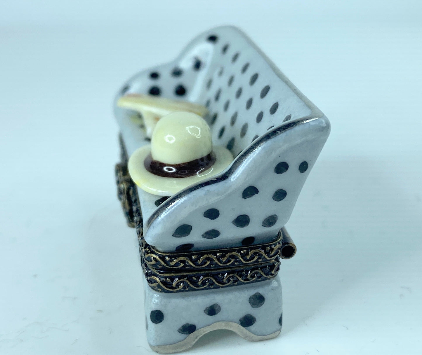 Signed AR Limoges French Polka Dot Loveseat w/ Lady's gloves 7 hat trinket A381