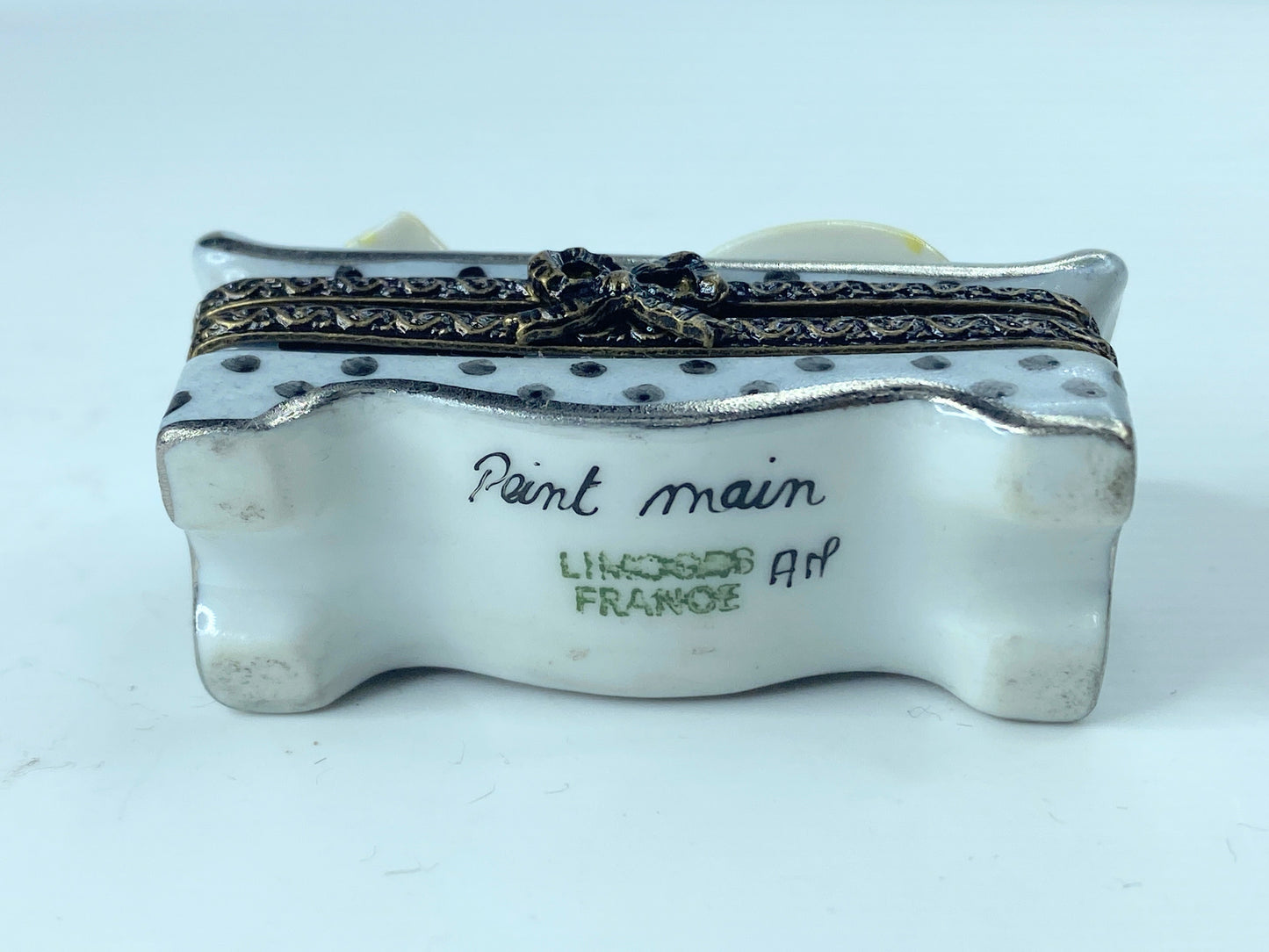 Signed AR Limoges French Polka Dot Loveseat w/ Lady's gloves 7 hat trinket A381