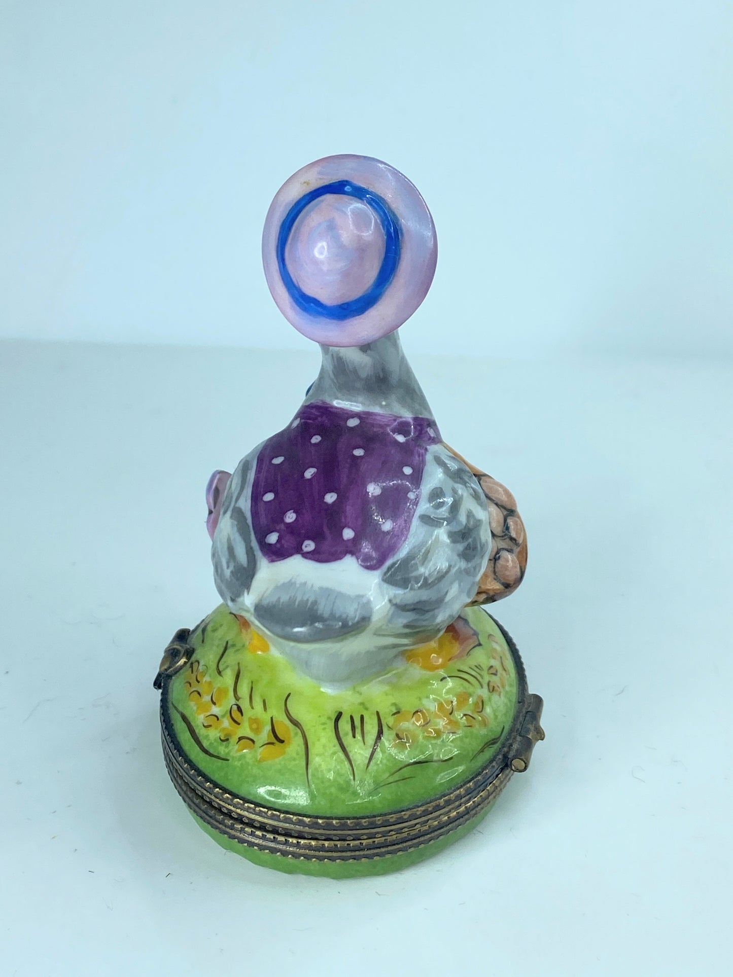 EE signed Limoges Mother Goose go home pink bonnet by the fence 3" A883