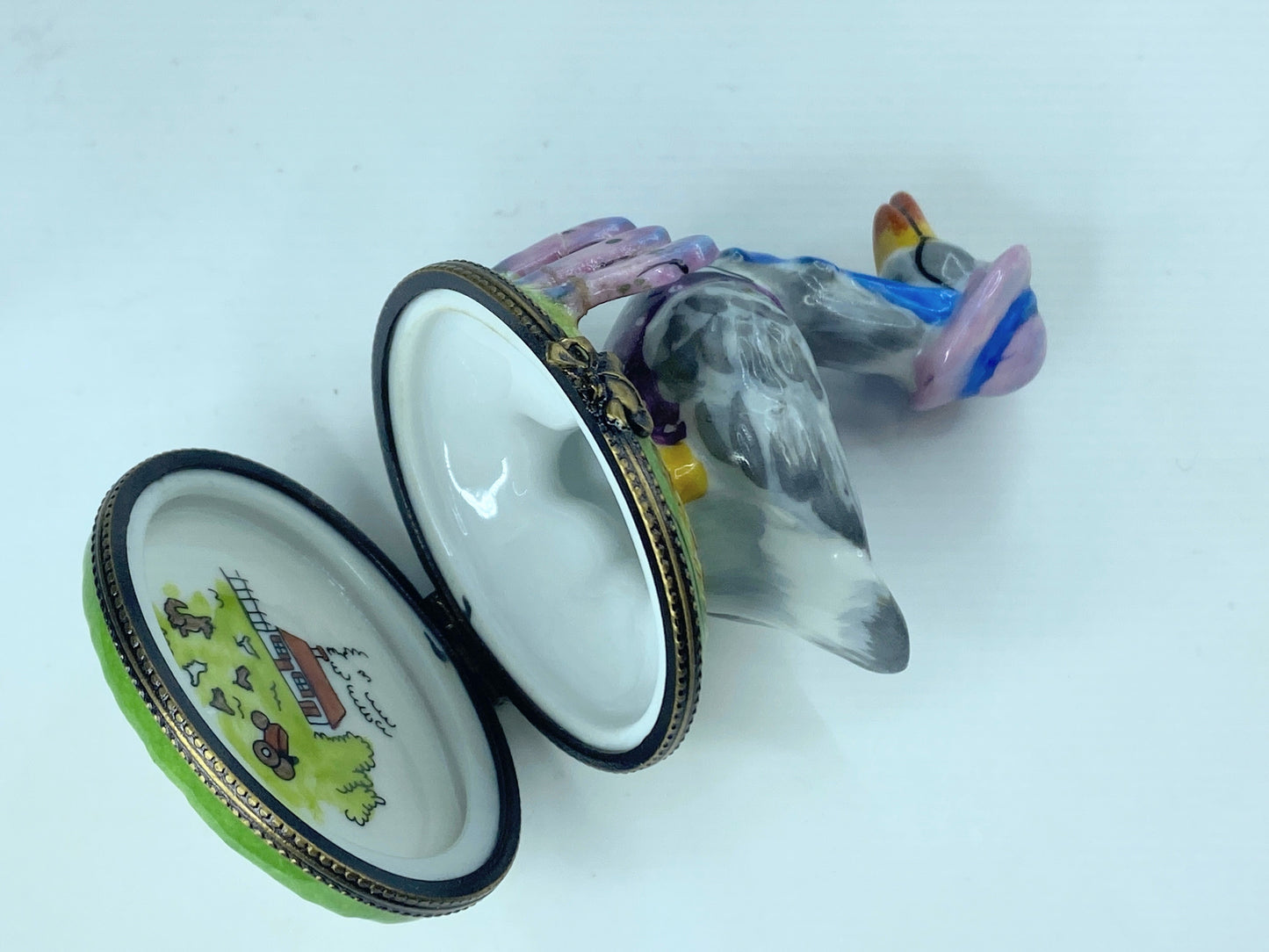 EE signed Limoges Mother Goose go home pink bonnet by the fence 3" A883